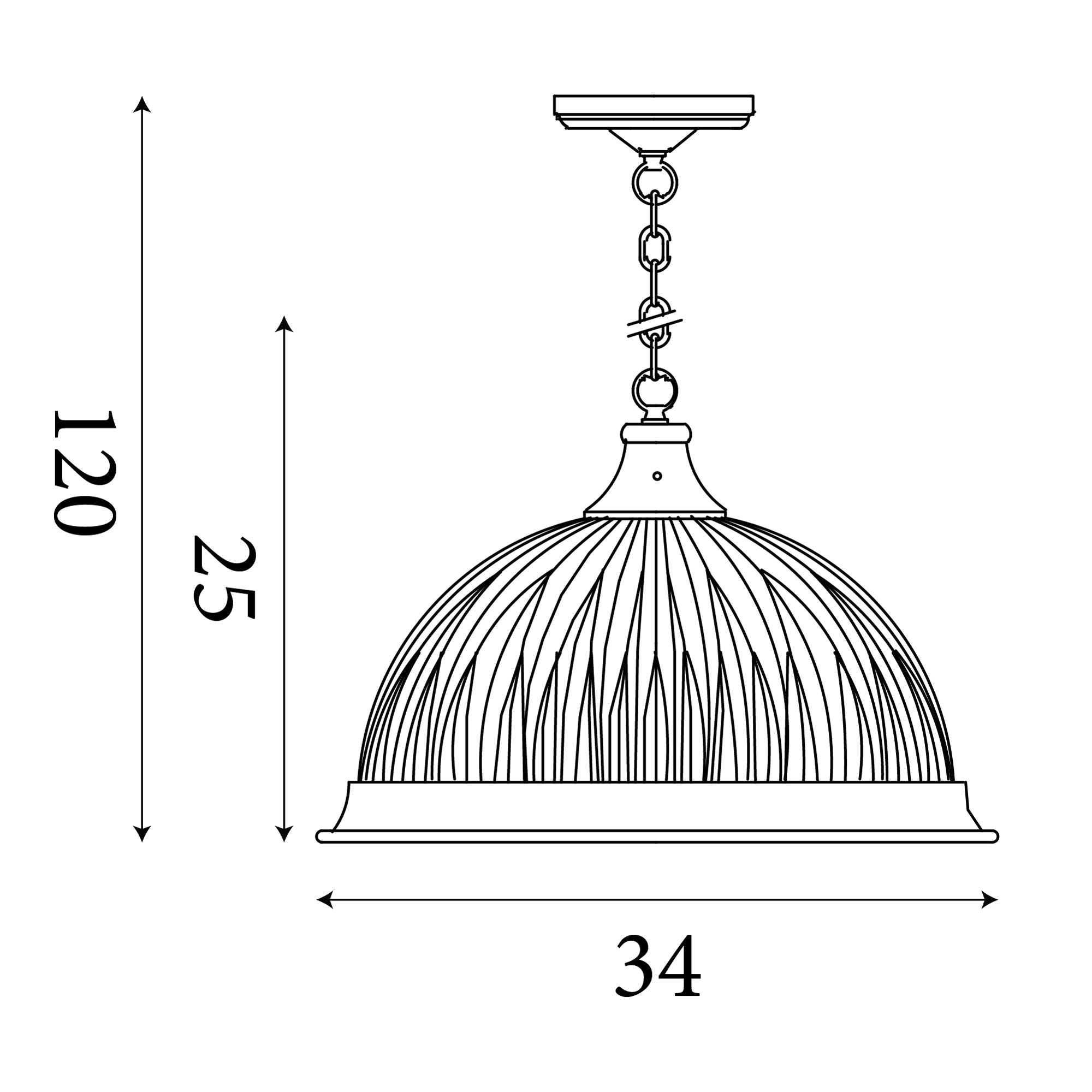 Technical line drawing of the American Diner pendant showing a shade width of 34cm, a shade height of 25cm and a maximum adjustable drop of 120cm