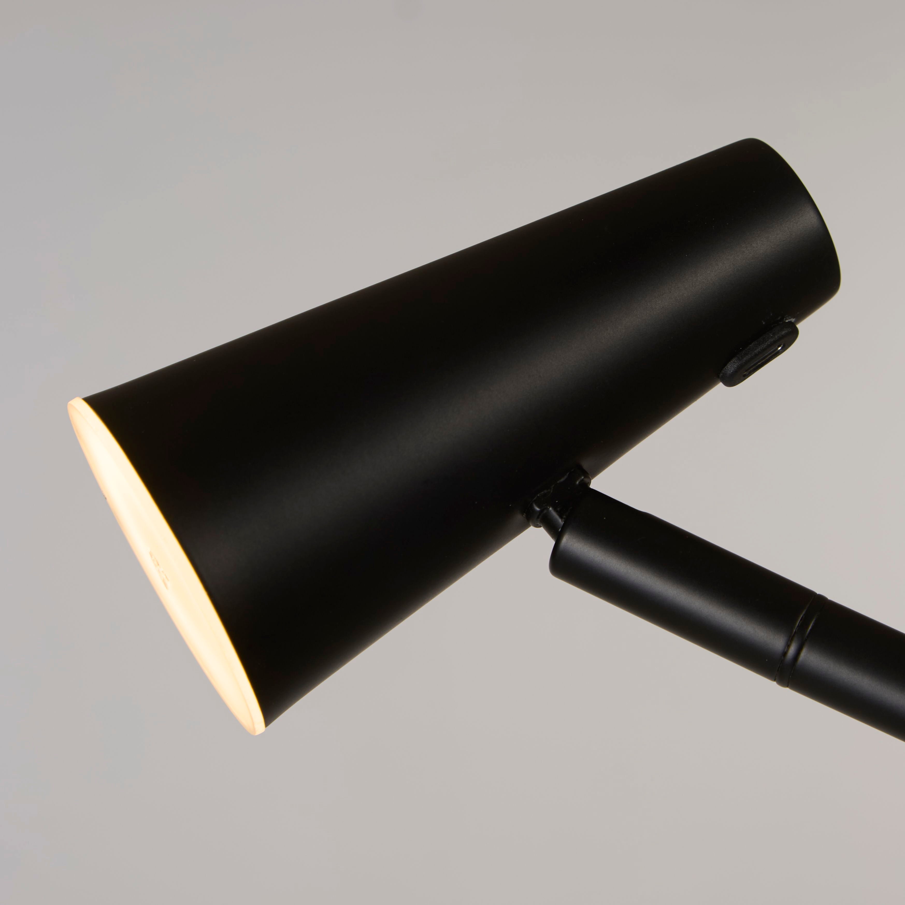 Close up of the matt black cone shade and touch dimmer switch on the Searchlight Rechargeable Floor Lamp