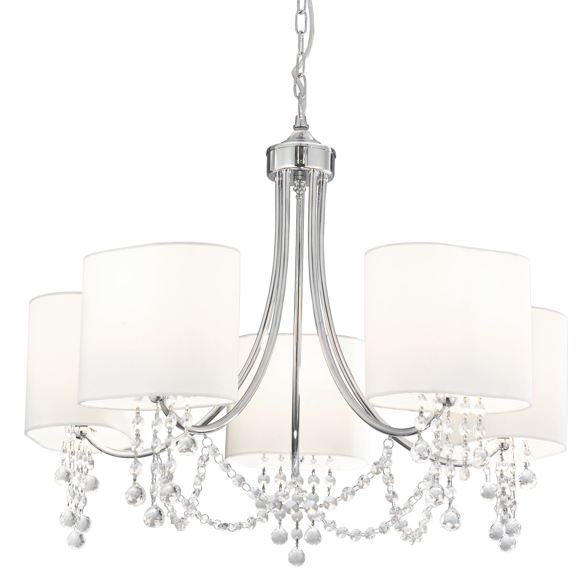 Searchlight Netley - 5 Light Ceiling, Chrome, Clear Crystal, White Shades