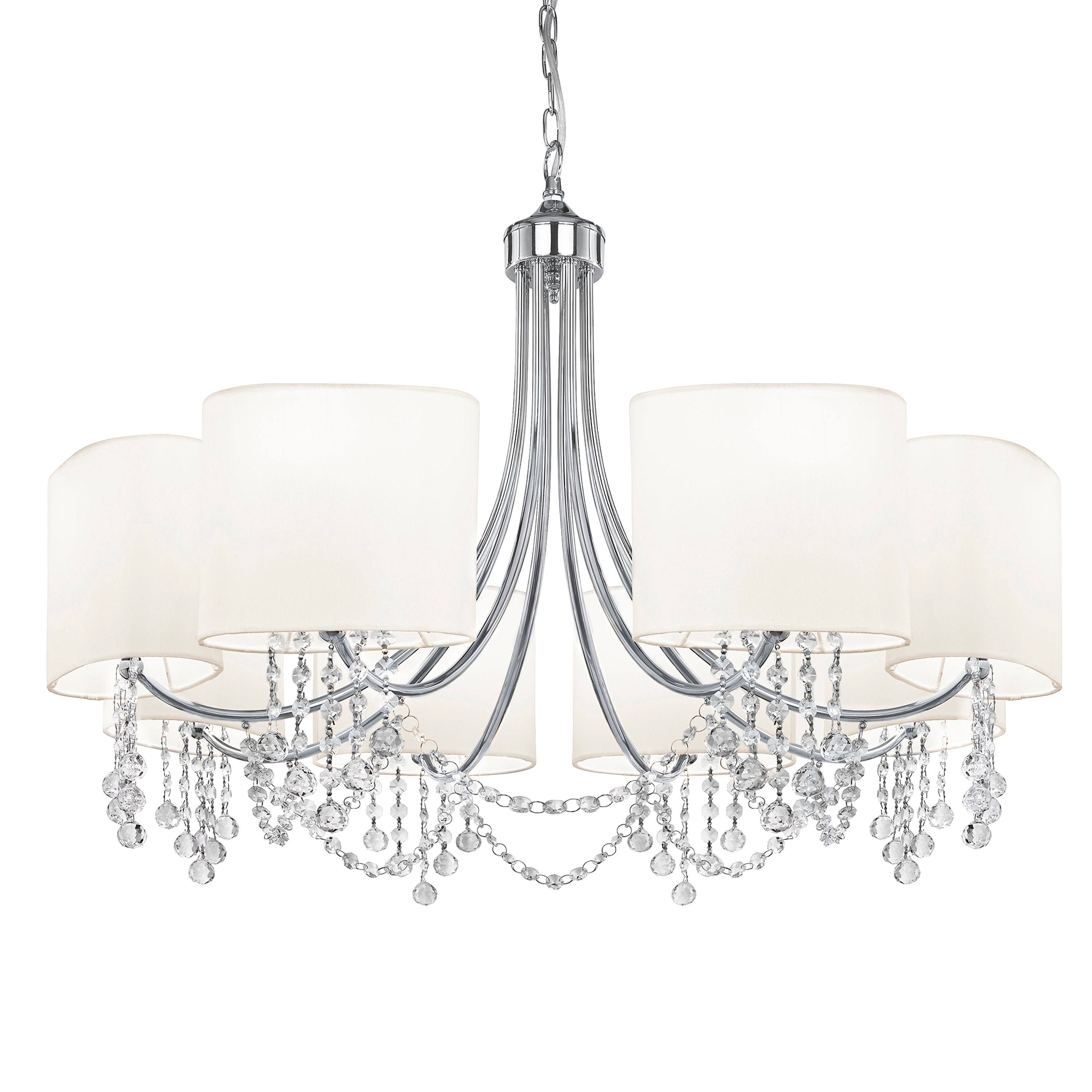 Searchlight Netley - 8 Light Ceiling, Chrome, Clear Crystal, White Shades