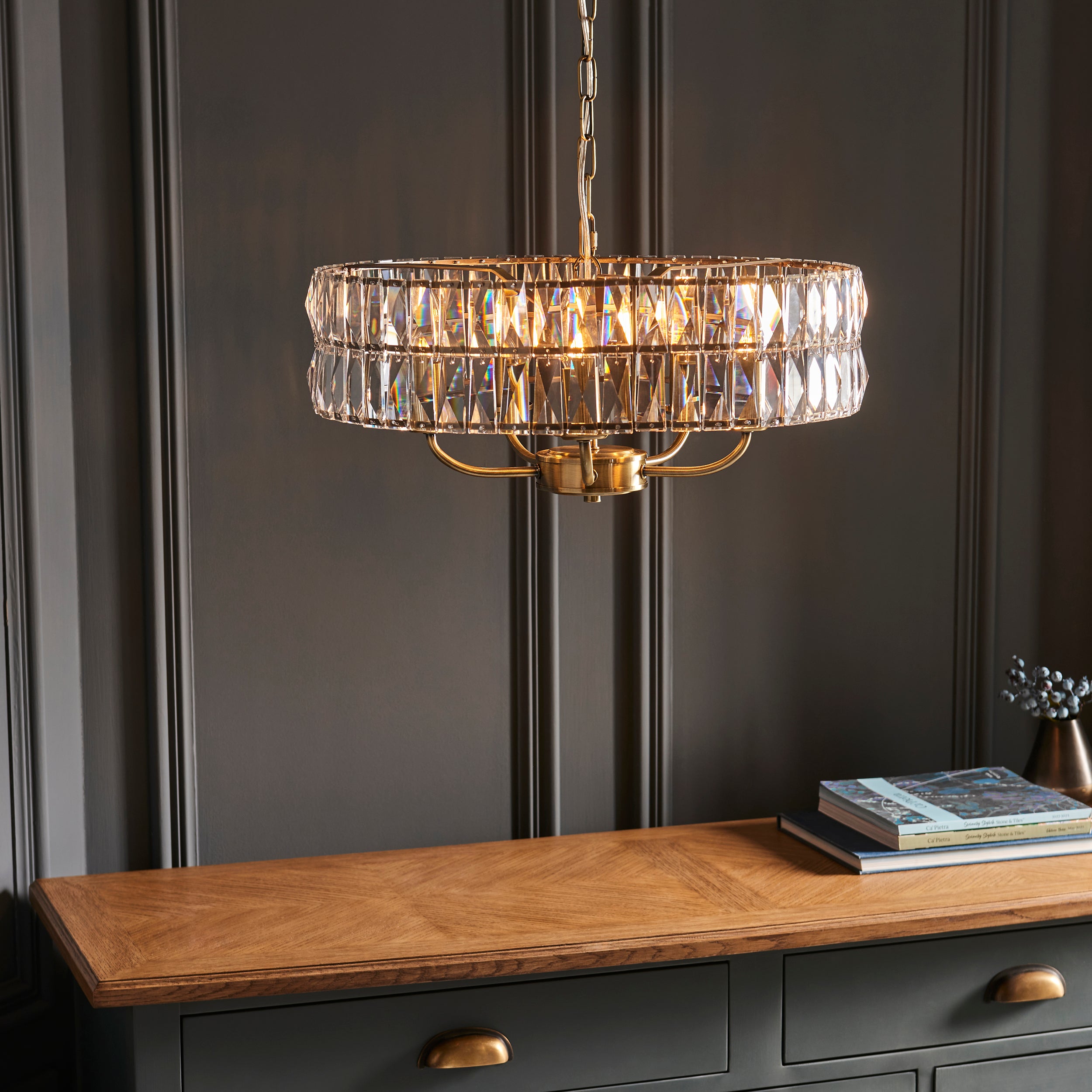 Endon Clifton 5 Light Pendant - Antique Brass Plate & Clear Crystal Glass