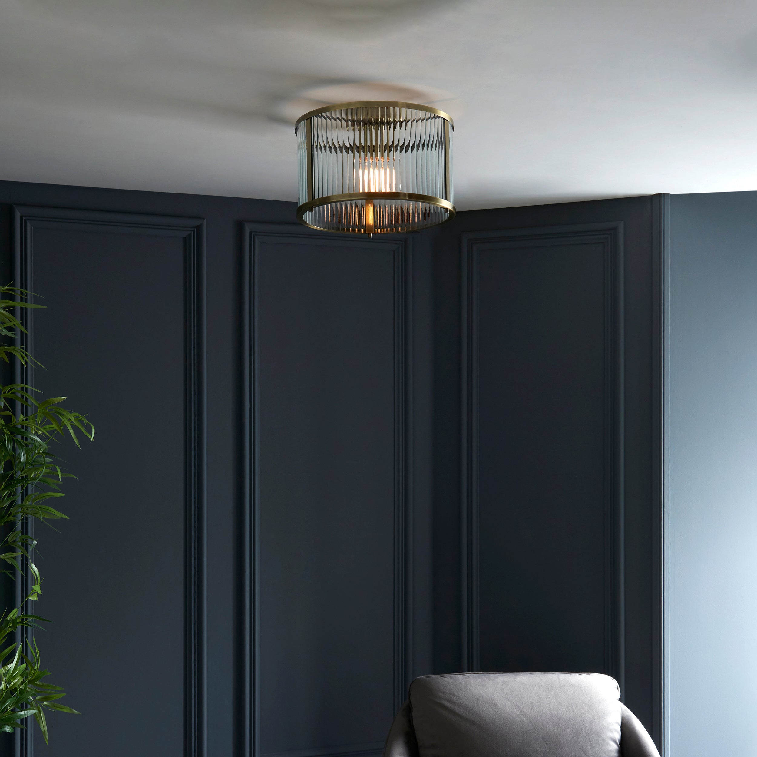 Endon Ridgeton Single Flush Fitting - Antique Brass Plate & Clear Ribbed Glass