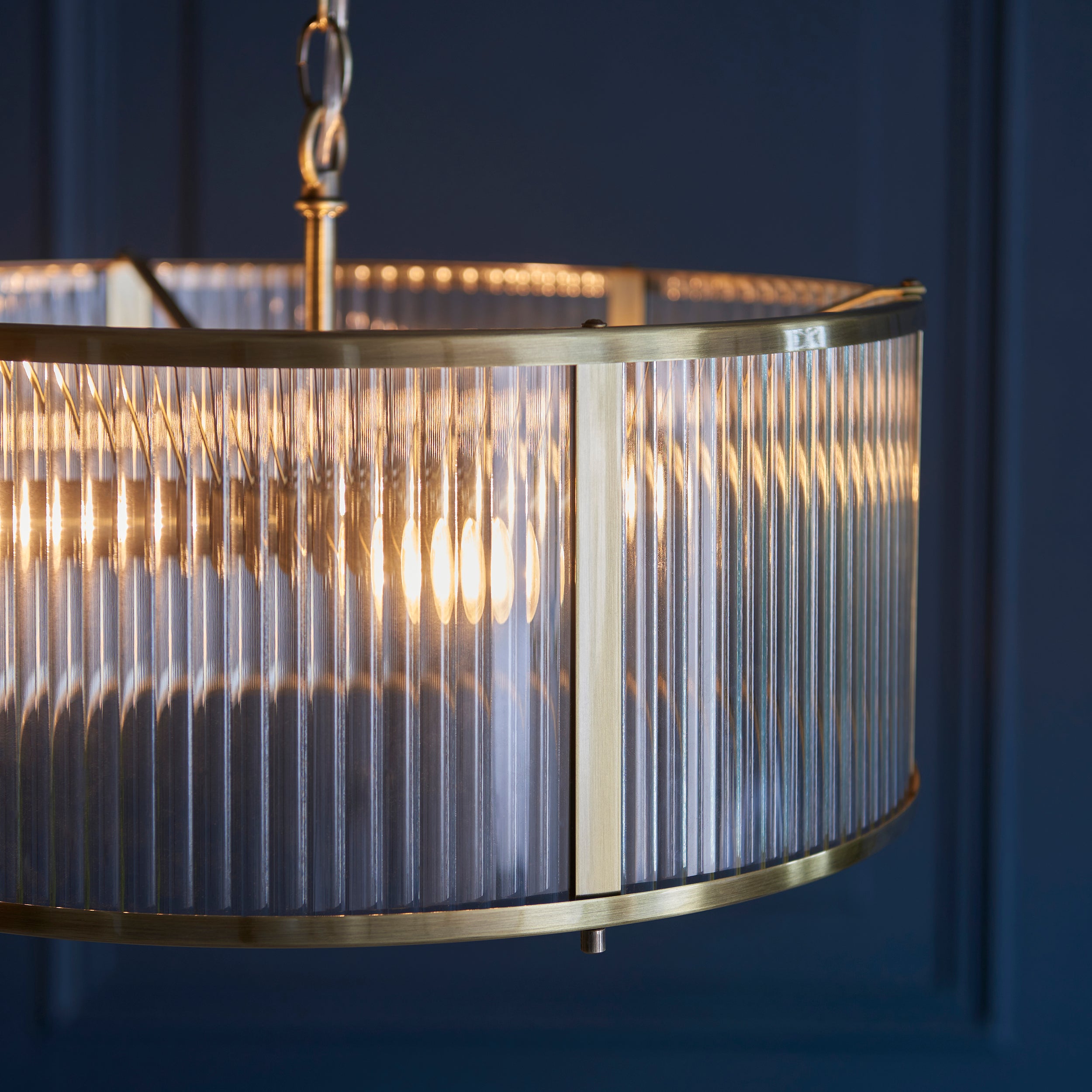 Endon Ridgeton 3 Light Pendant - Antique Brass Plate & Clear Ribbed Glass