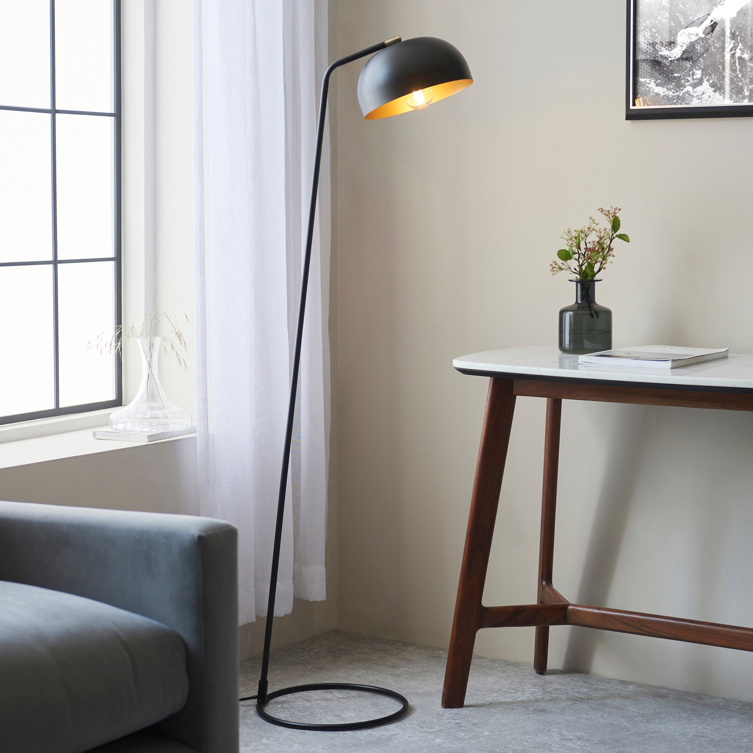 Endon Brair New Single Floor Light - Matt Black & Antique Brass Paint