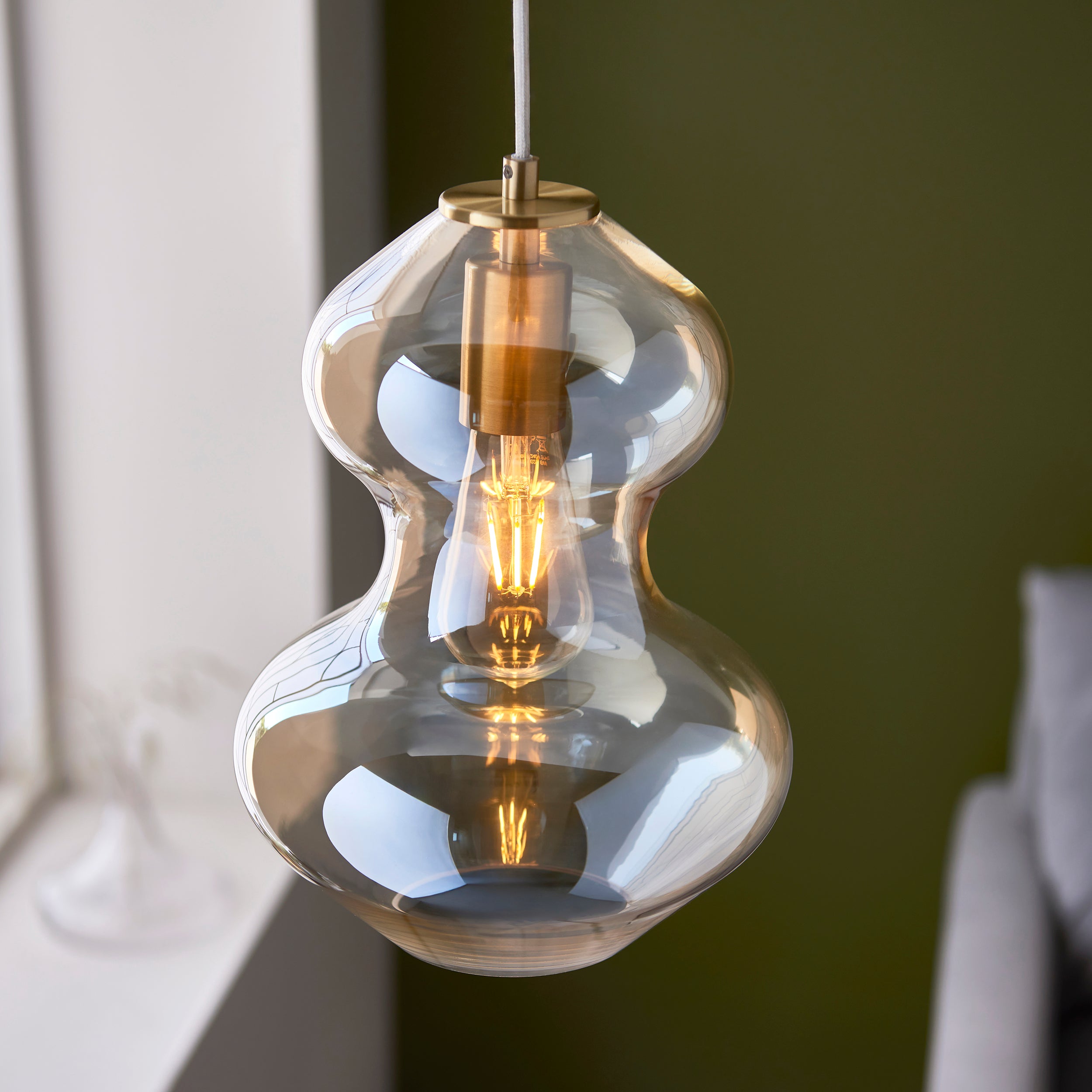 Endon Kelda Shaped Single Pendant - Satin Brass Plate & Champagne Lustre Glass