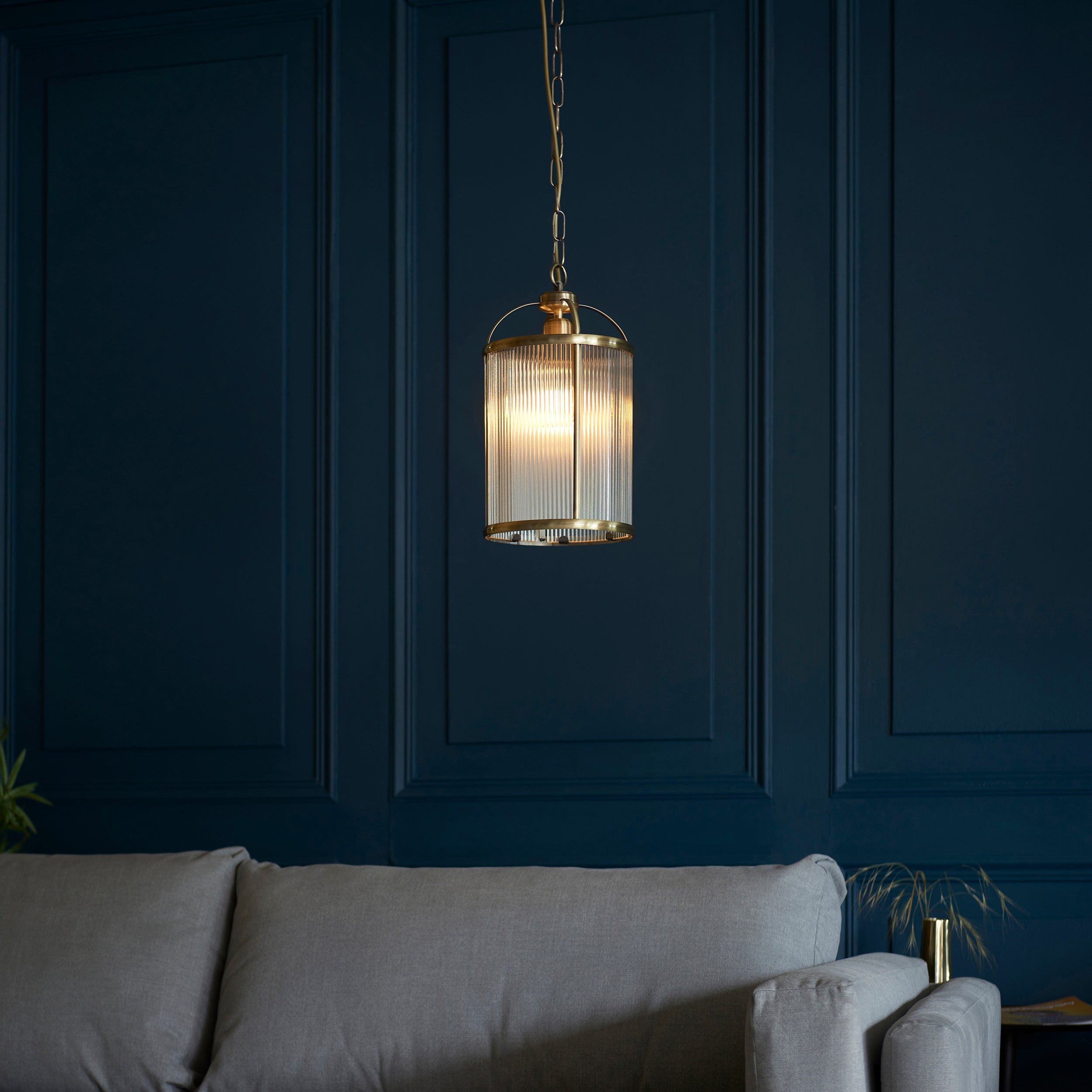 Endon Lambeth Ribbed Single Pendant - Antique Brass Plate & Clear Ribbed Glass