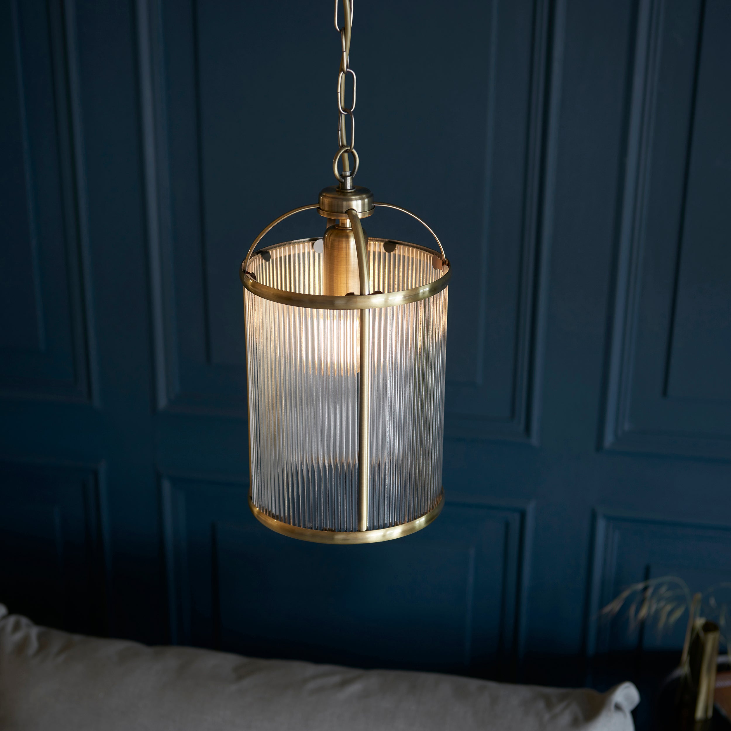 Endon Lambeth Ribbed Single Pendant - Antique Brass Plate & Clear Ribbed Glass