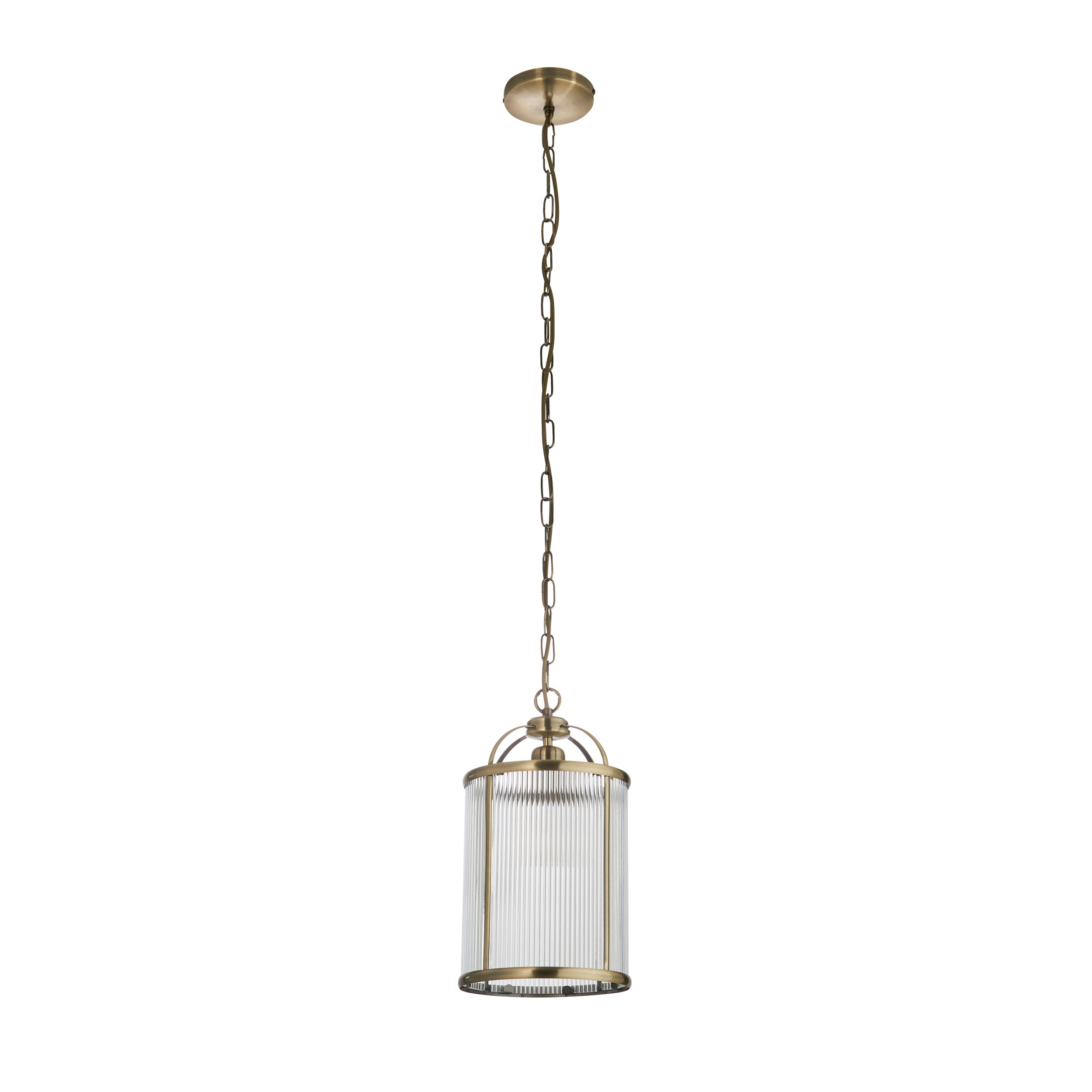 Endon Lambeth Ribbed Single Pendant - Antique Brass Plate & Clear Ribbed Glass