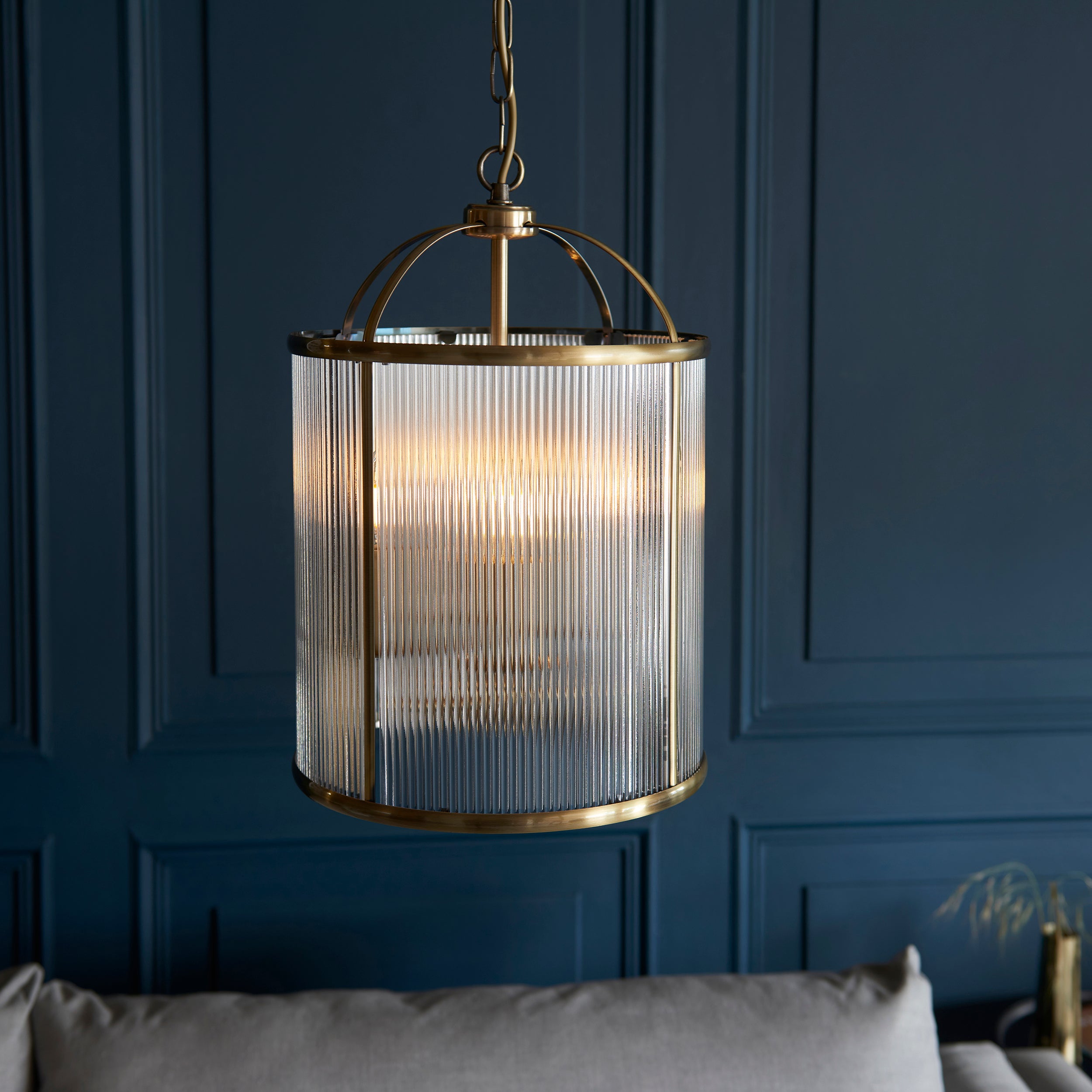 Endon Lambeth Ribbed 4 Light Pendant - Antique Brass Plate & Clear Ribbed Glass