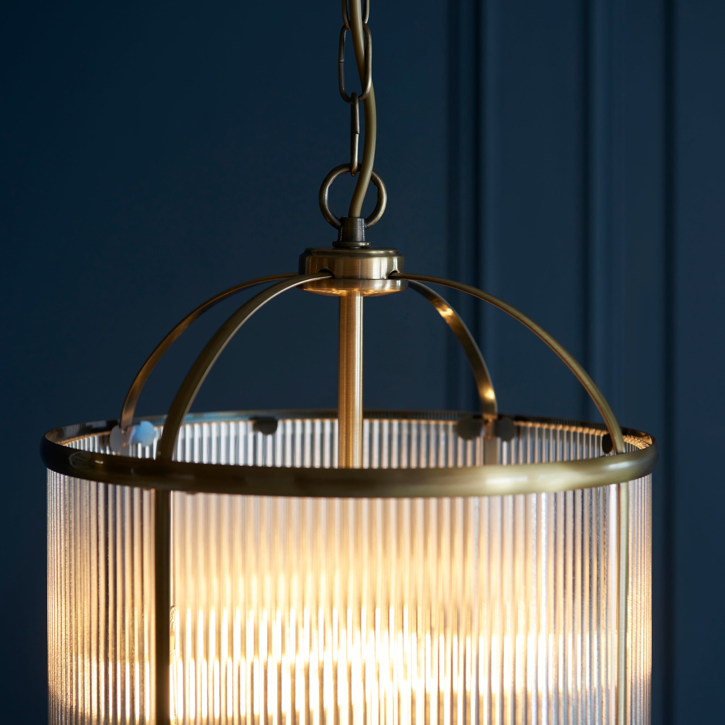 Endon Lambeth Ribbed 4 Light Pendant - Antique Brass Plate & Clear Ribbed Glass