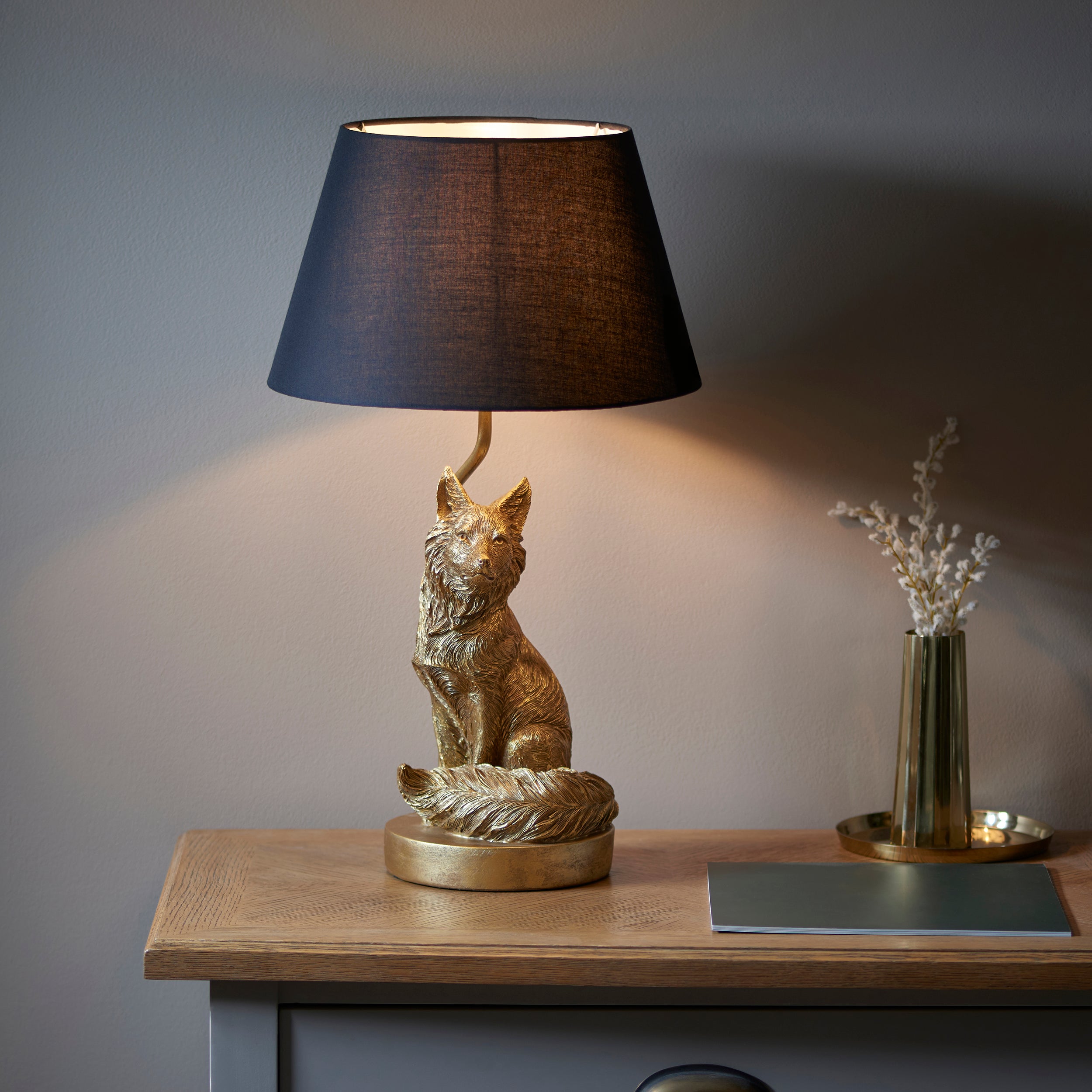 Endon Fox Single Table Light - Vintage Gold Paint & Black Fabric