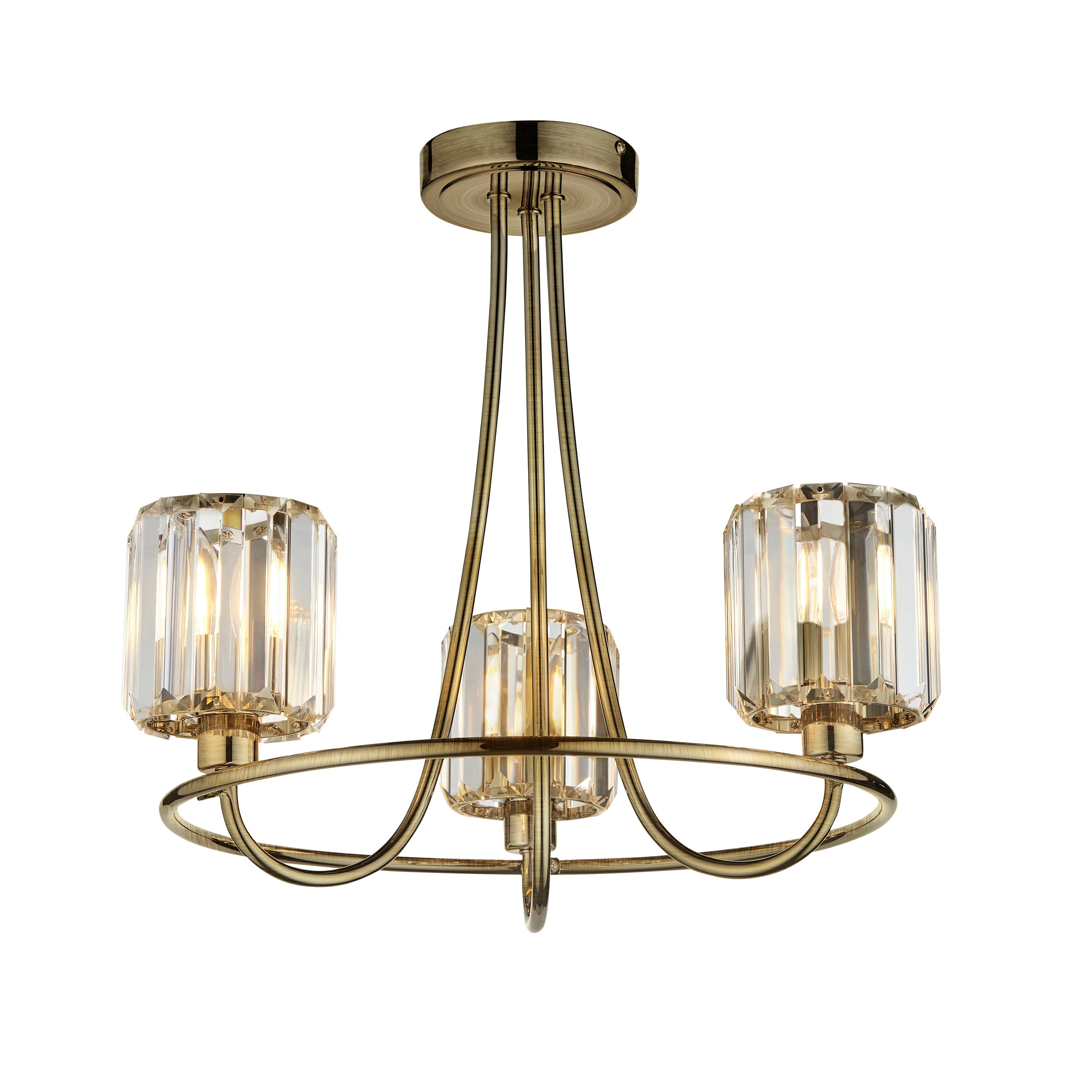 Endon Berenice 3 Light Semi-Flush Fitting - Antique Brass Plate & Clear Glass