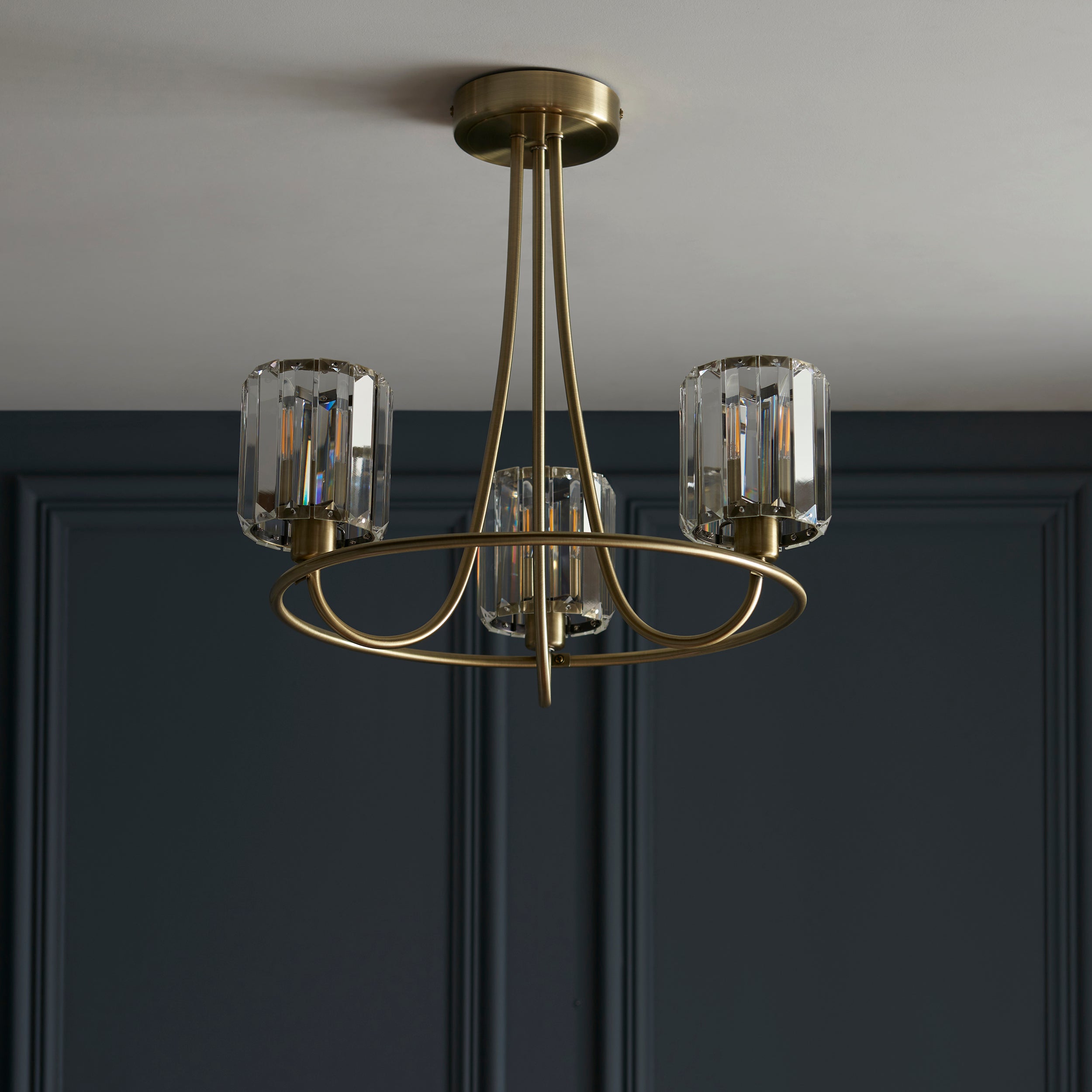 Endon Berenice 3 Light Semi-Flush Fitting - Antique Brass Plate & Clear Glass