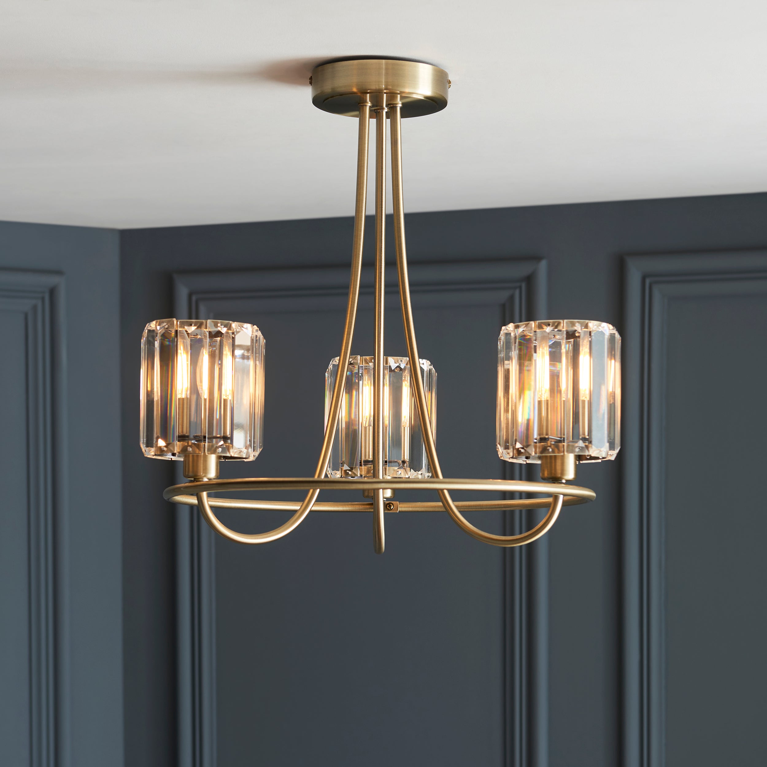 Endon Berenice 3 Light Semi-Flush Fitting - Antique Brass Plate & Clear Glass