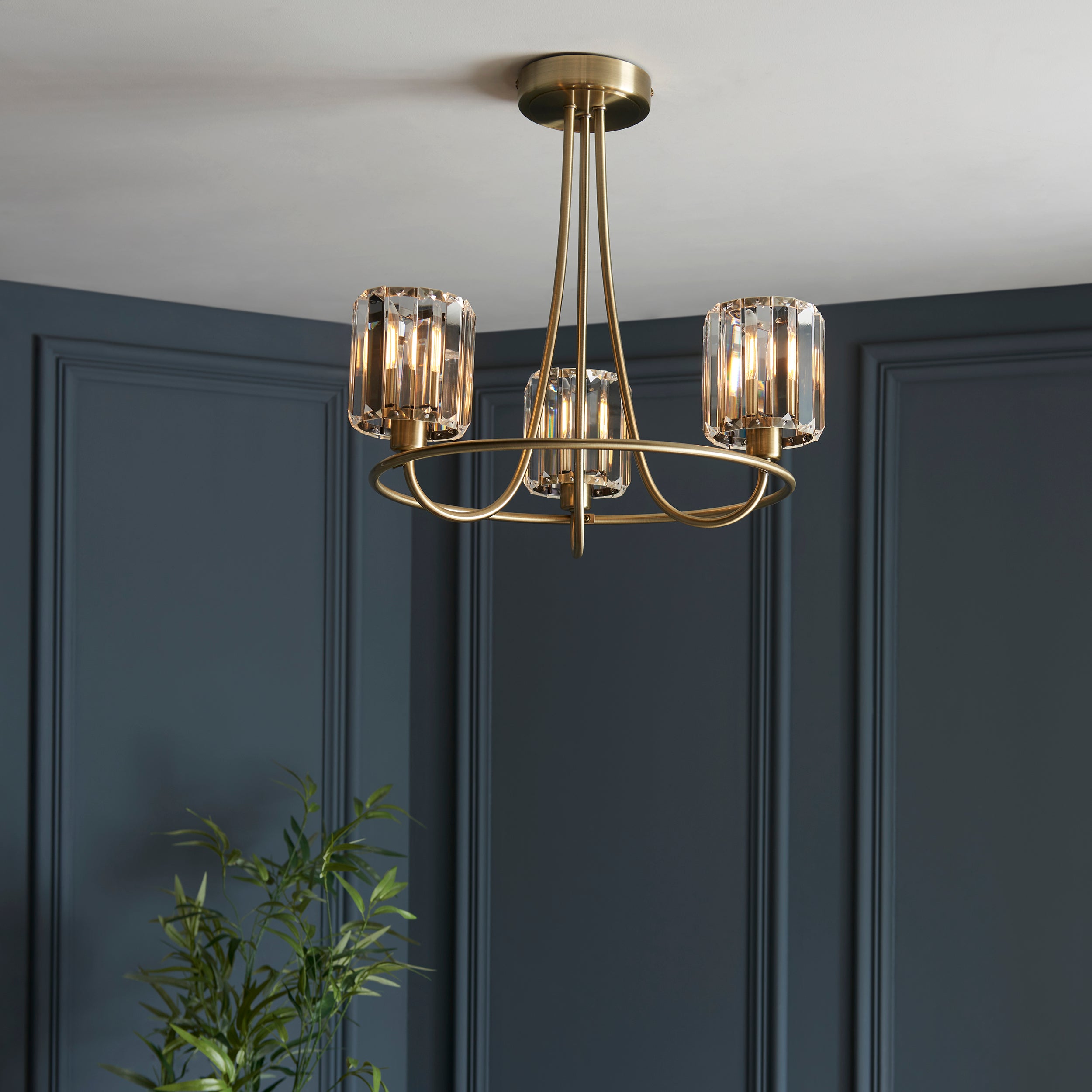 Endon Berenice 3 Light Semi-Flush Fitting - Antique Brass Plate & Clear Glass