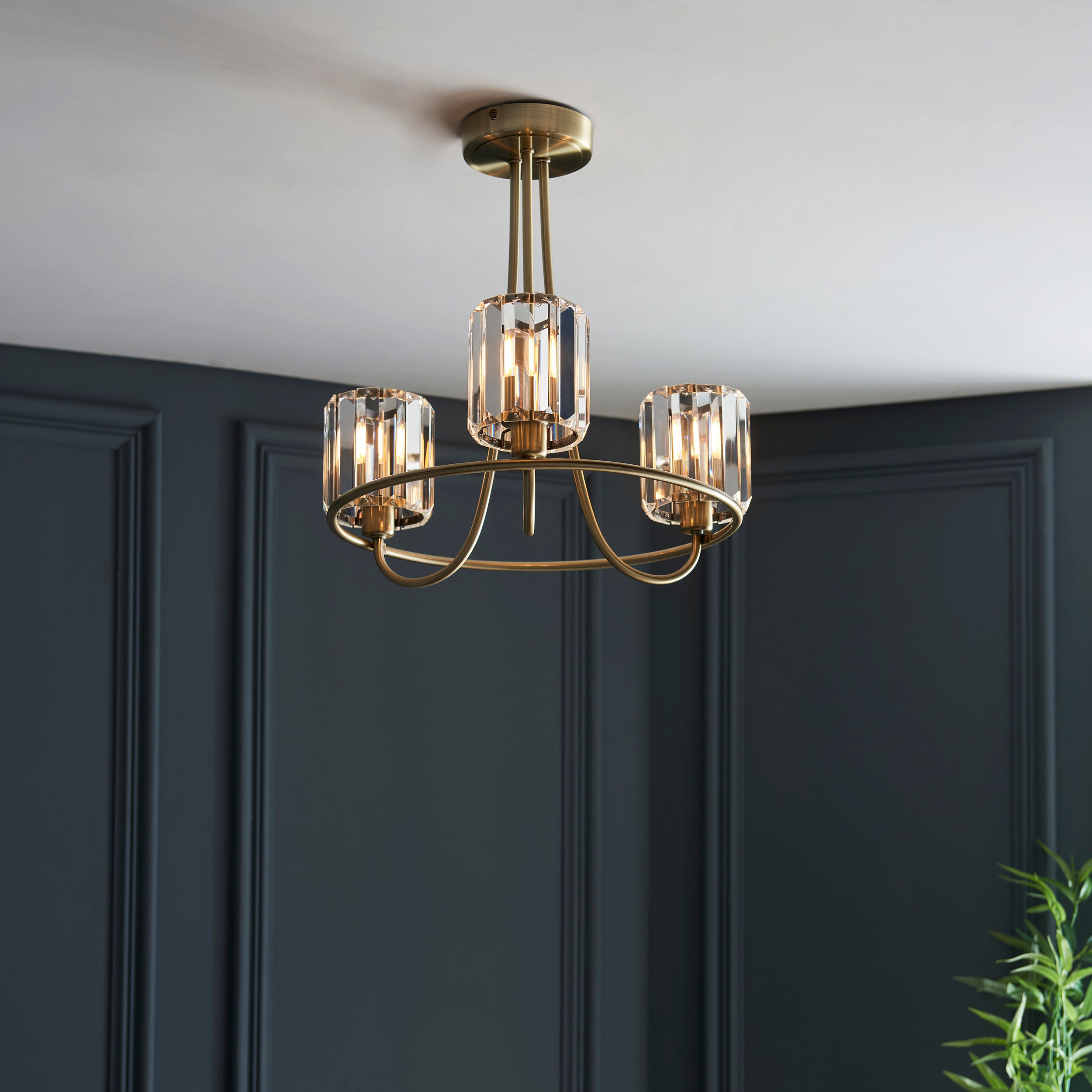 Endon Berenice 3 Light Semi-Flush Fitting - Antique Brass Plate & Clear Glass