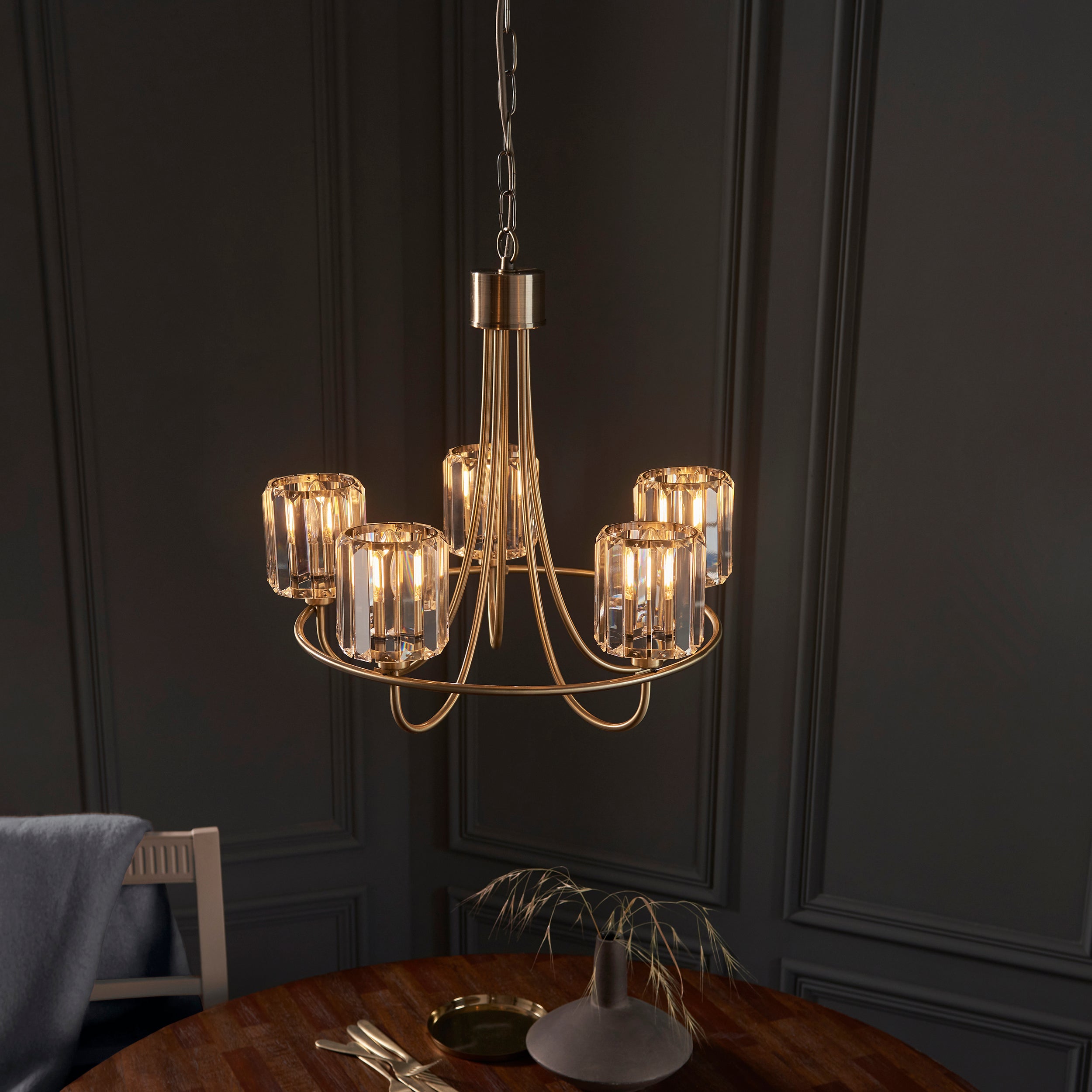 Endon Berenice 5 Light Pendant - Antique Brass Plate & Clear Glass