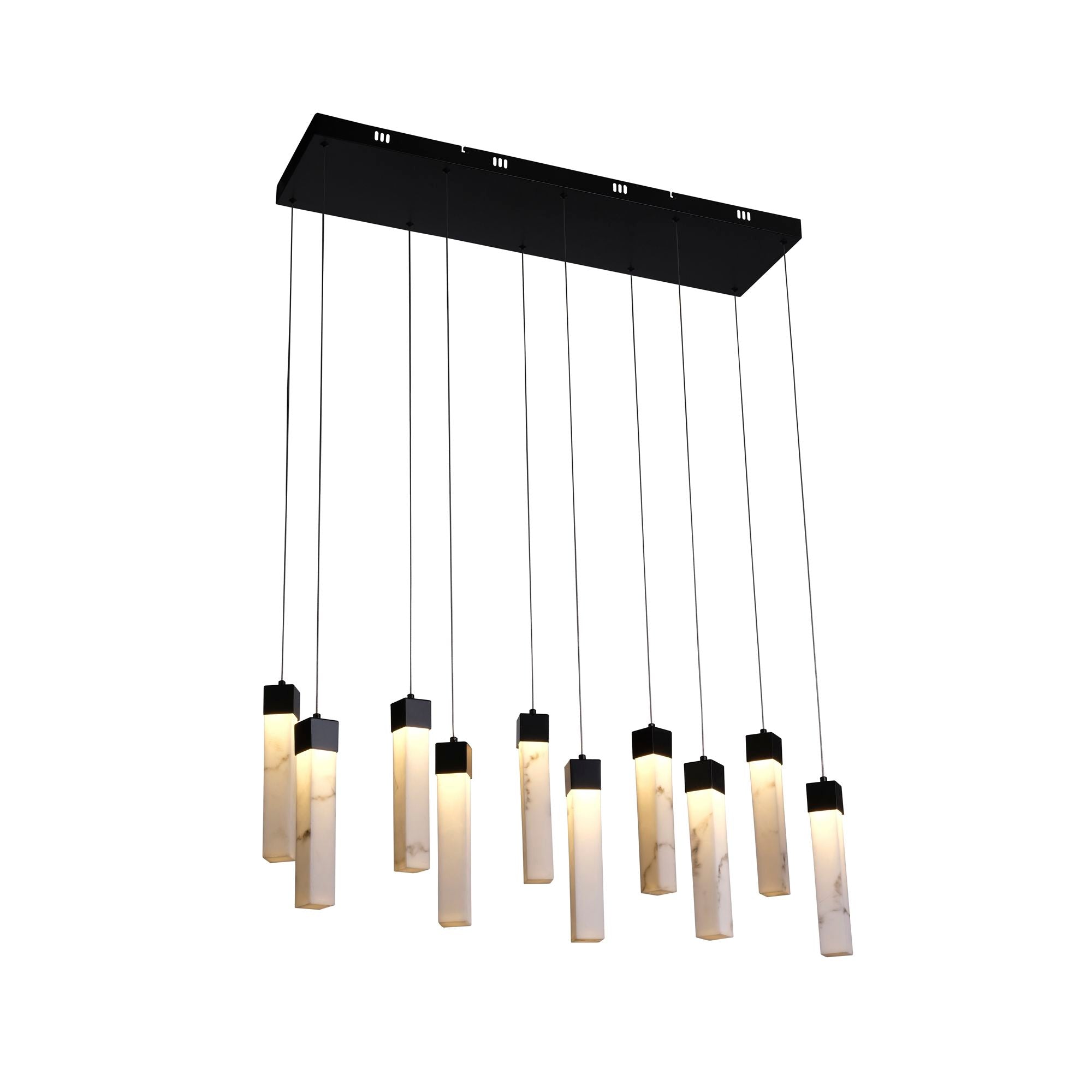 Searchlight Moonbeam 10 light pendant in black and marble effect resin, angled view showing the staggered black bar drops lit