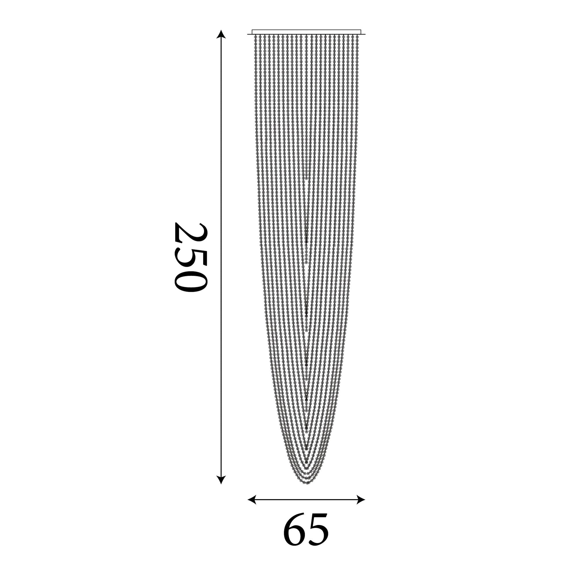 Technical line drawing of the Swoop 10 Light Pendant showing a 250cm drop and 65cm diameter