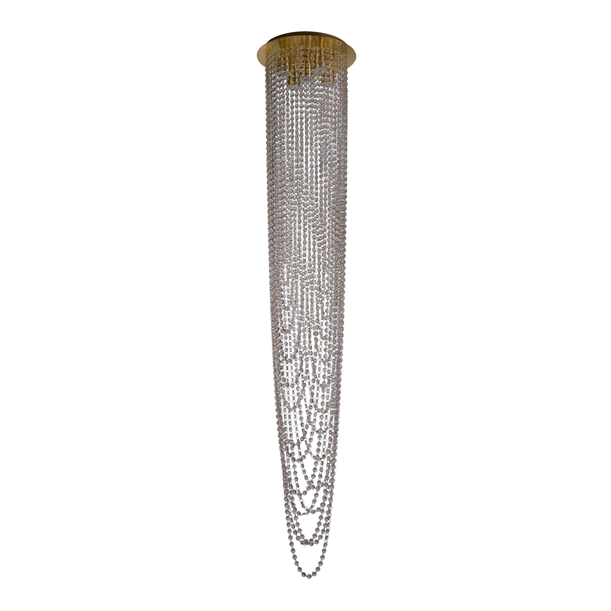 Searchlight Swoop 5 Light Pendant in satin brass, second studio angle showing the crystal strands catching the light along the full drop