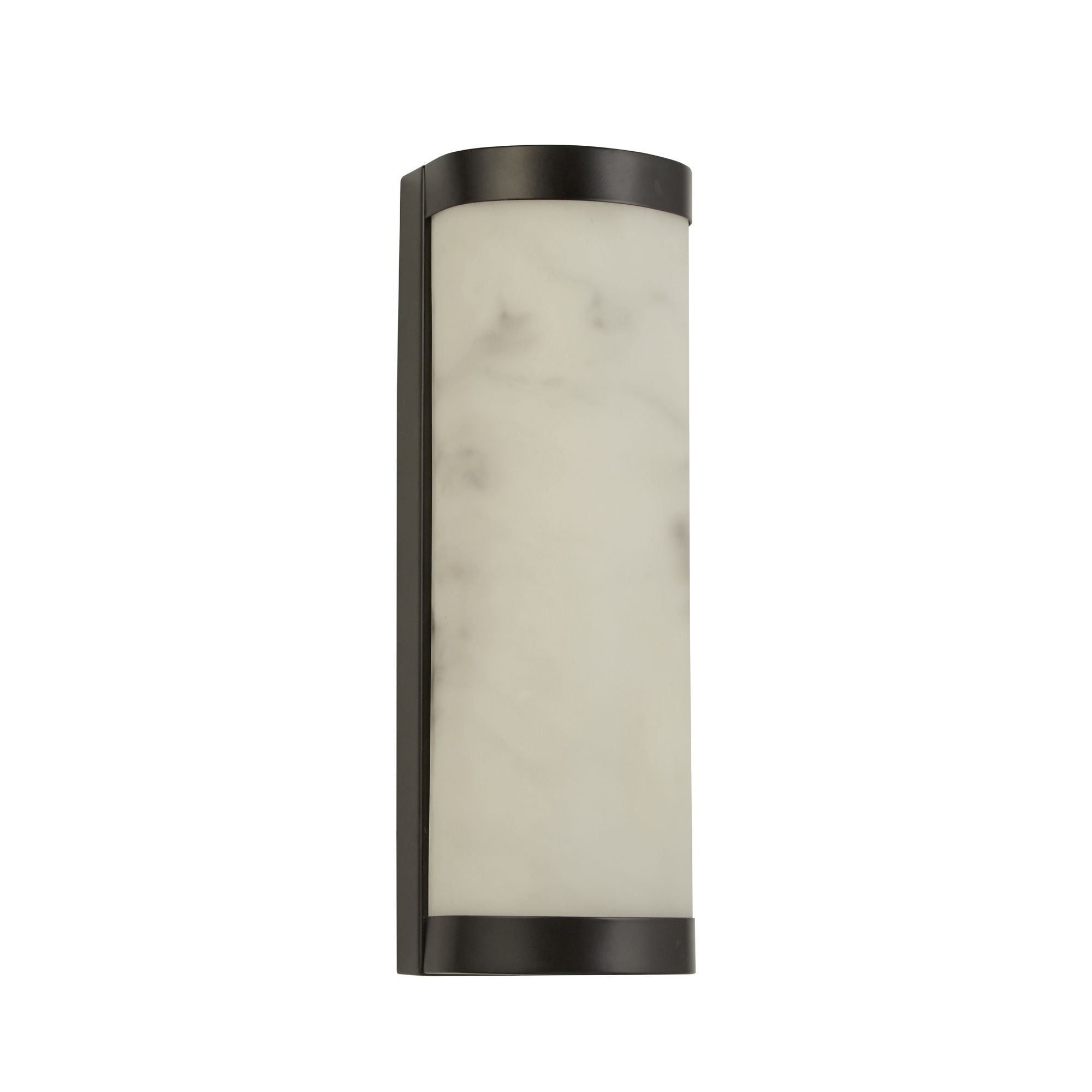 Searchlight Nile LED Wall Light 25cm in matt black with marble effect resin, straight on view showing the curved top and bottom edges