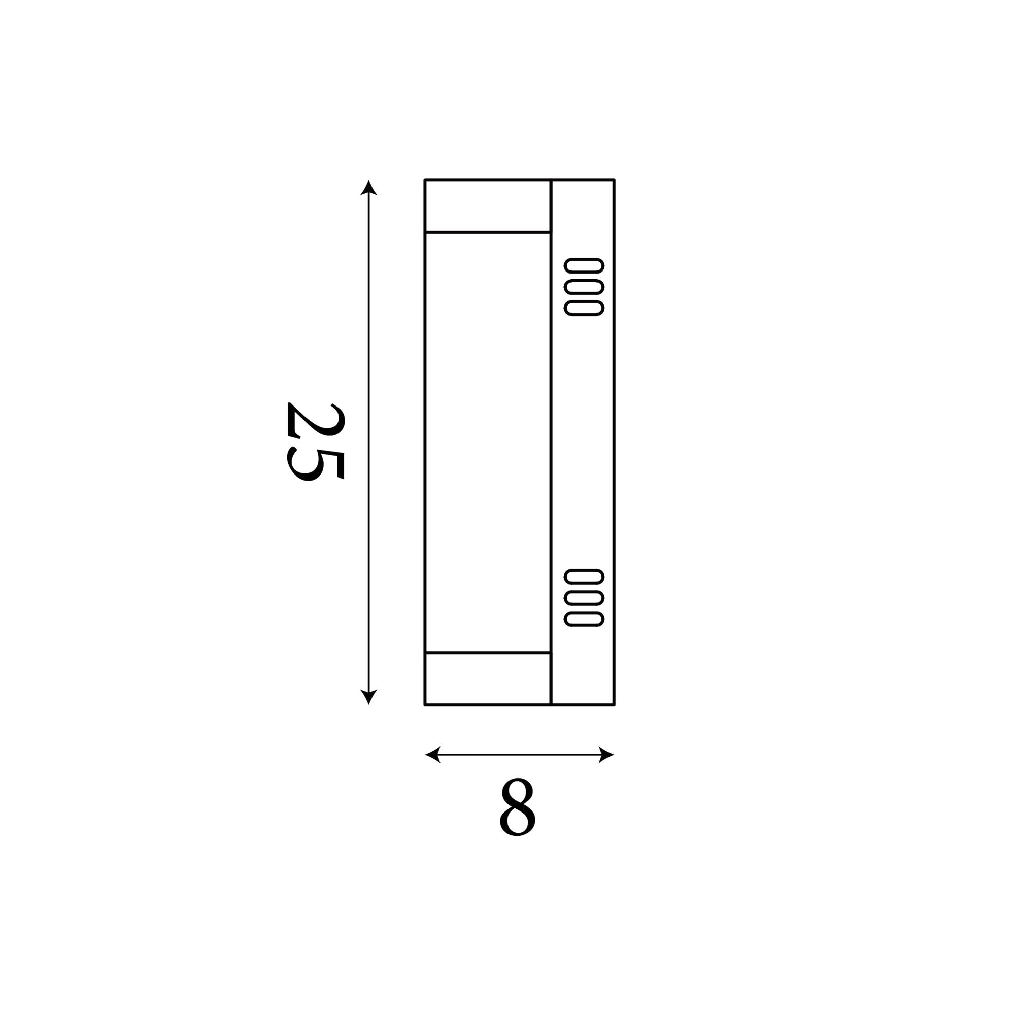 Technical line drawing of the Searchlight Nile LED Wall Light 25cm showing 25cm height and 8cm width dimensions