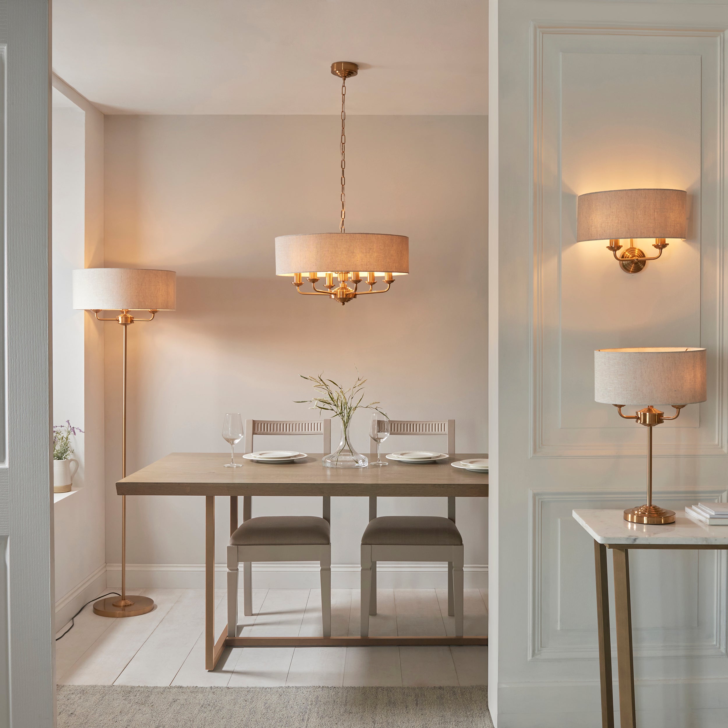 Endon Highclere 3 Light Table Lamp - Vintage Brass & Natural Linen
