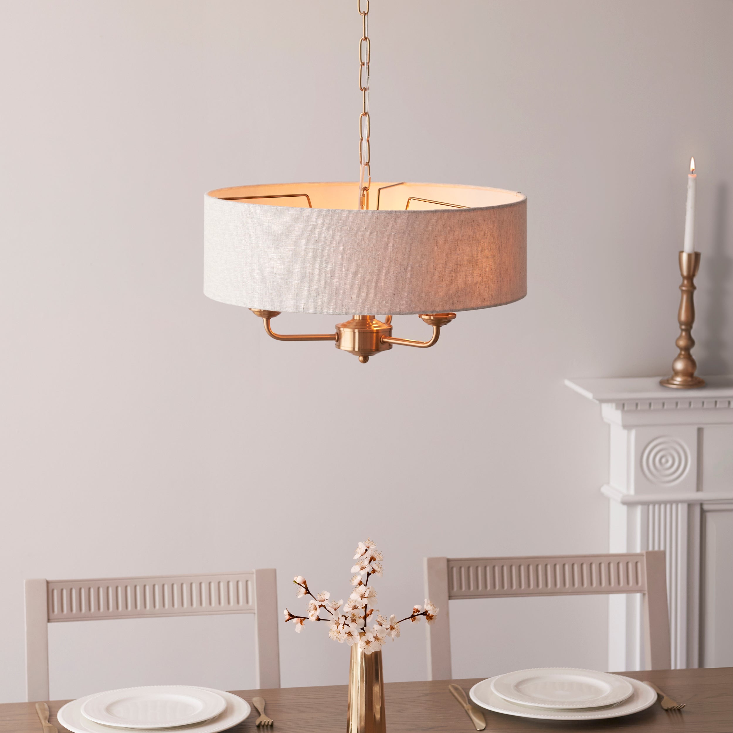 Endon Highclere 3 Light Pendant - Vintage Brass & Natural Linen