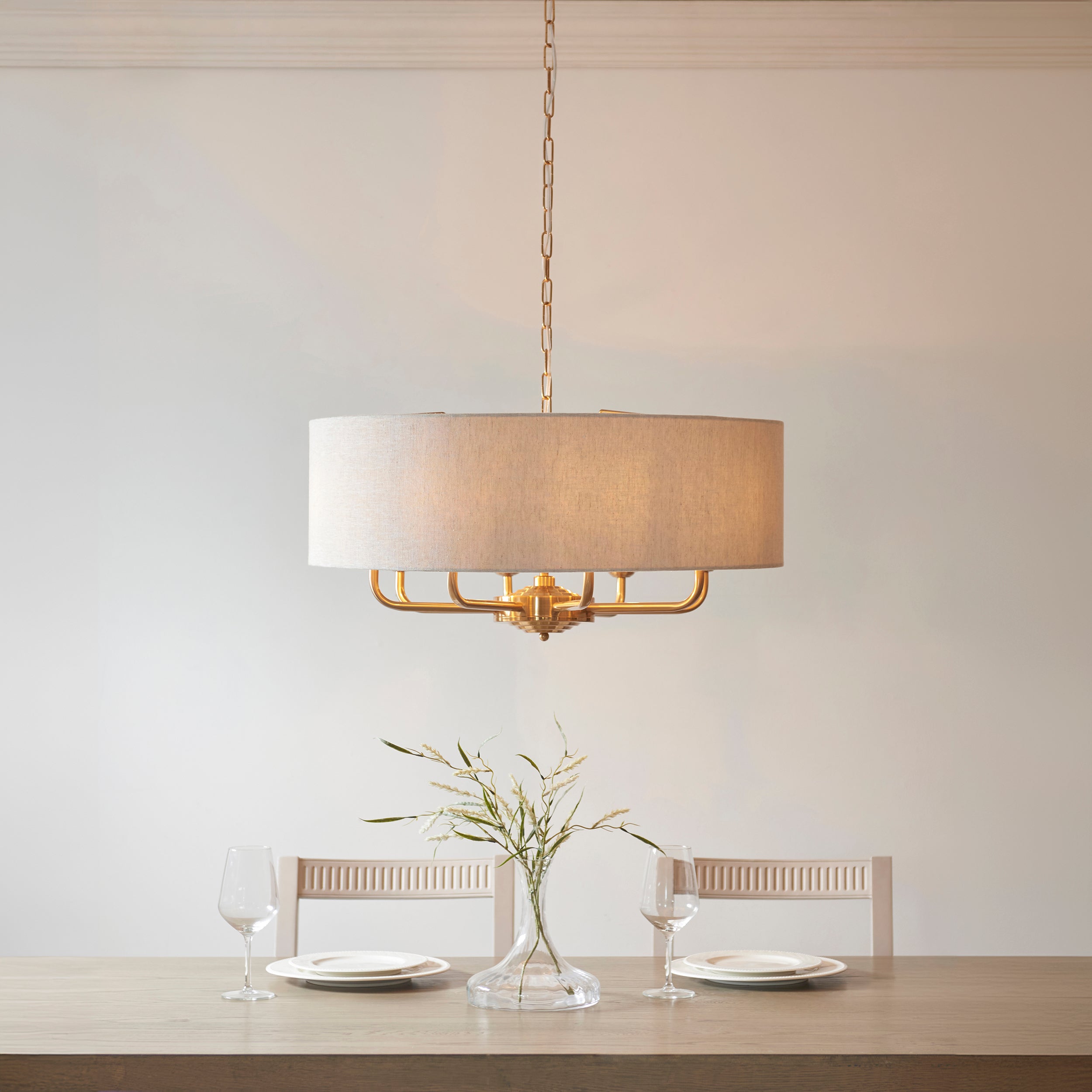 Endon Highclere 8 Light Pendant - Vintage Brass & Natural Linen