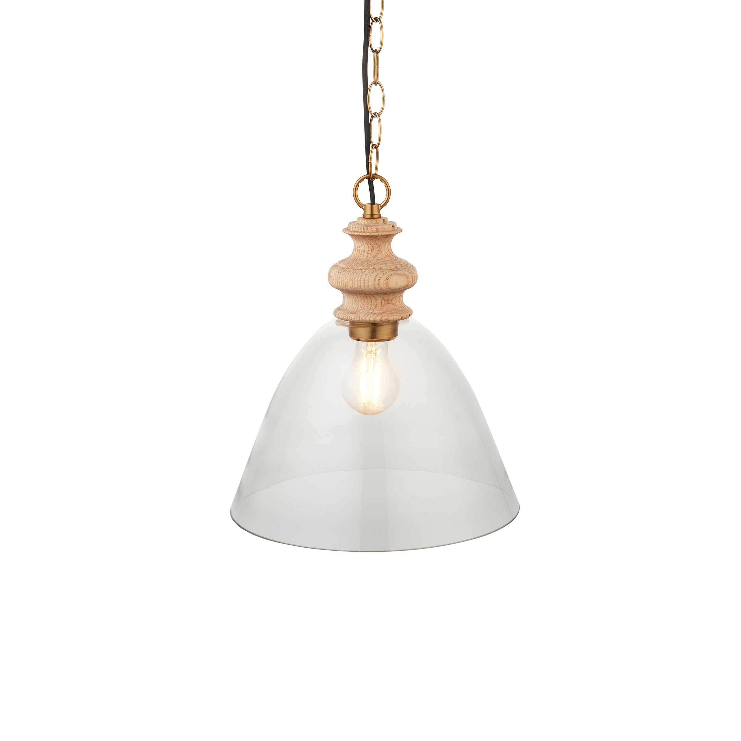 Endon Cotswold Single Light Pendant - Natural Ash, Brushed Aged Brass Plate & Clear Glass