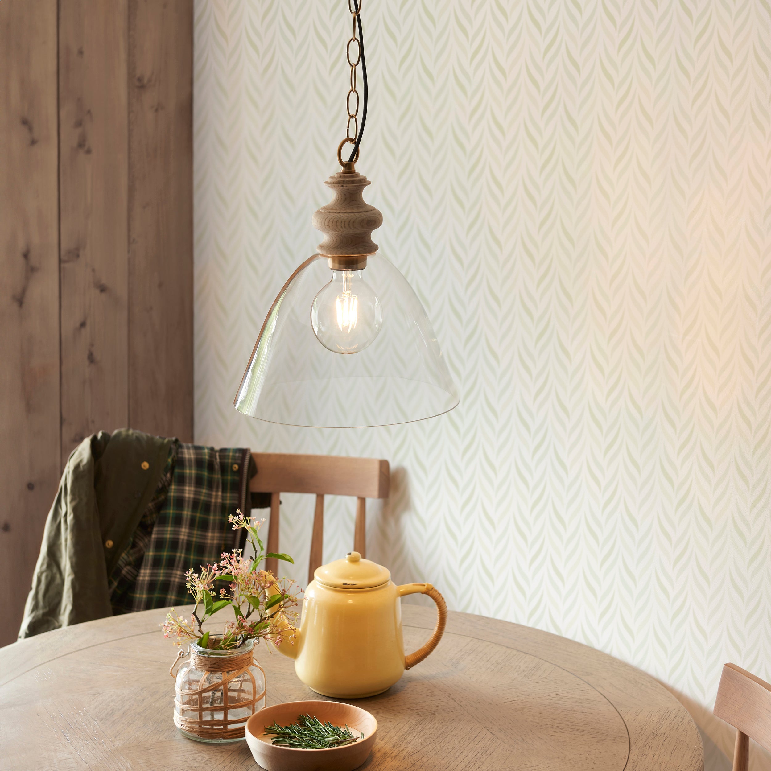 Endon Cotswold Single Light Pendant - Natural Ash, Brushed Aged Brass Plate & Clear Glass