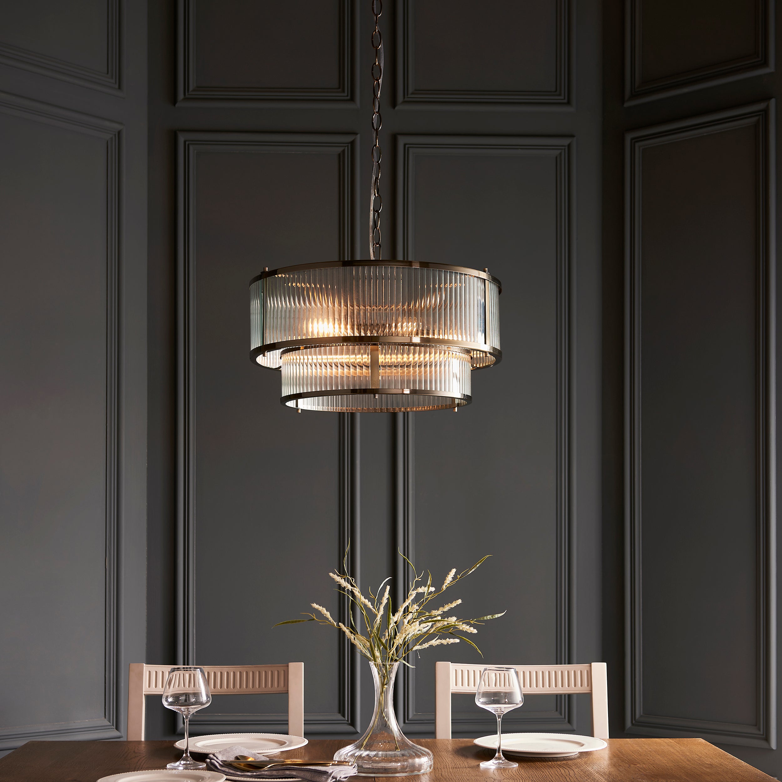 Endon Ridgeton 5 Light Pendant - Antique Brass Plate & Clear Ribbed Glass