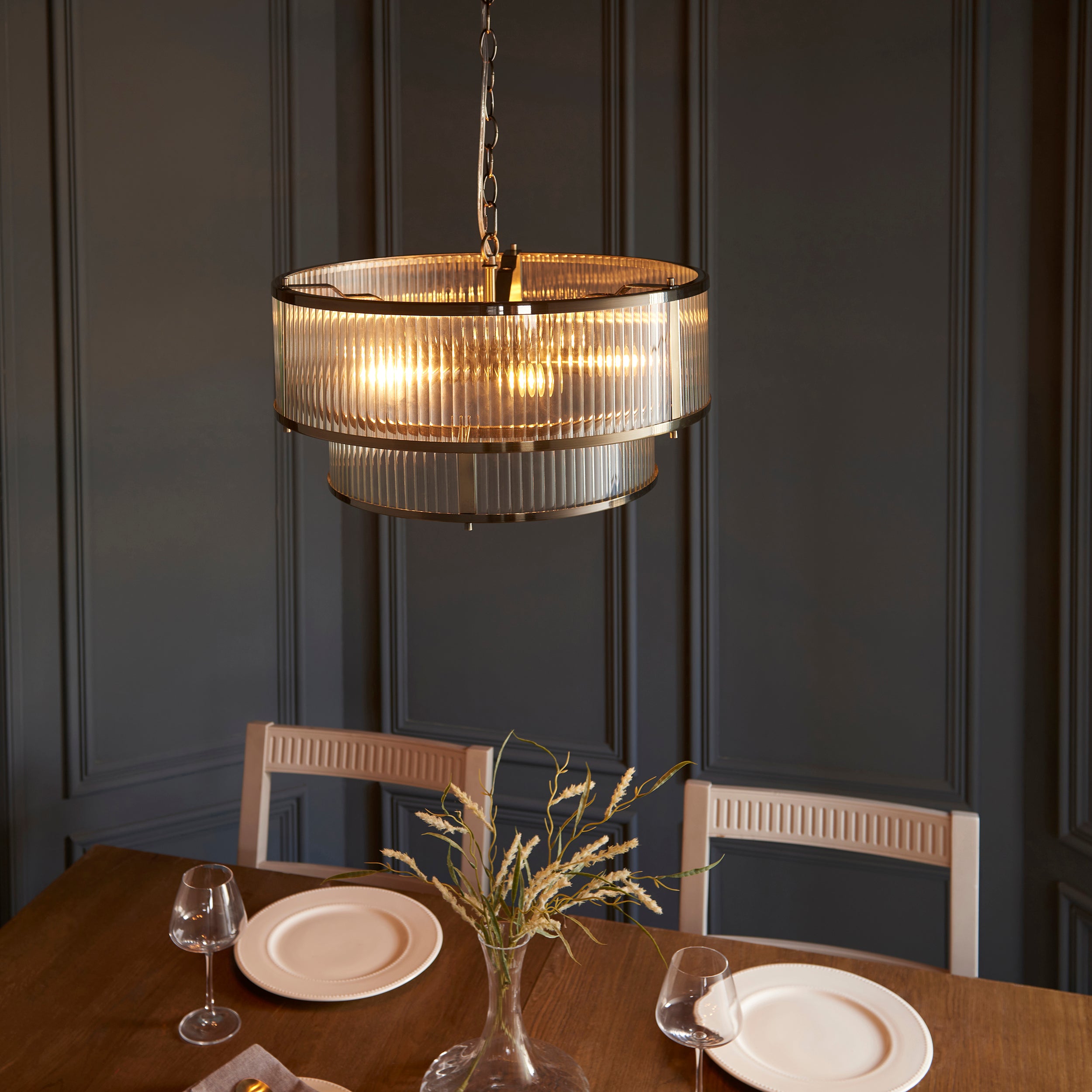 Endon Ridgeton 5 Light Pendant - Antique Brass Plate & Clear Ribbed Glass