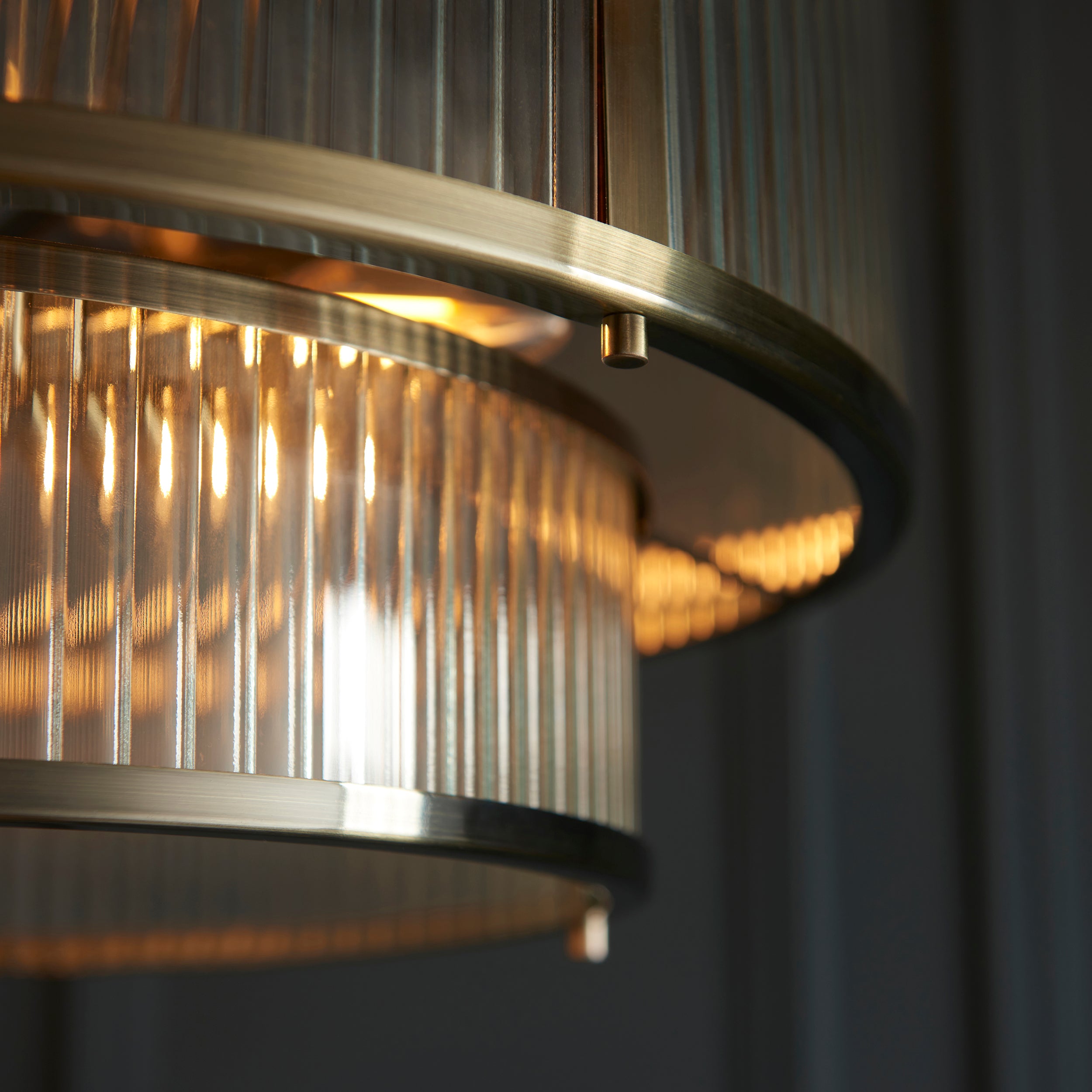 Endon Ridgeton 5 Light Pendant - Antique Brass Plate & Clear Ribbed Glass