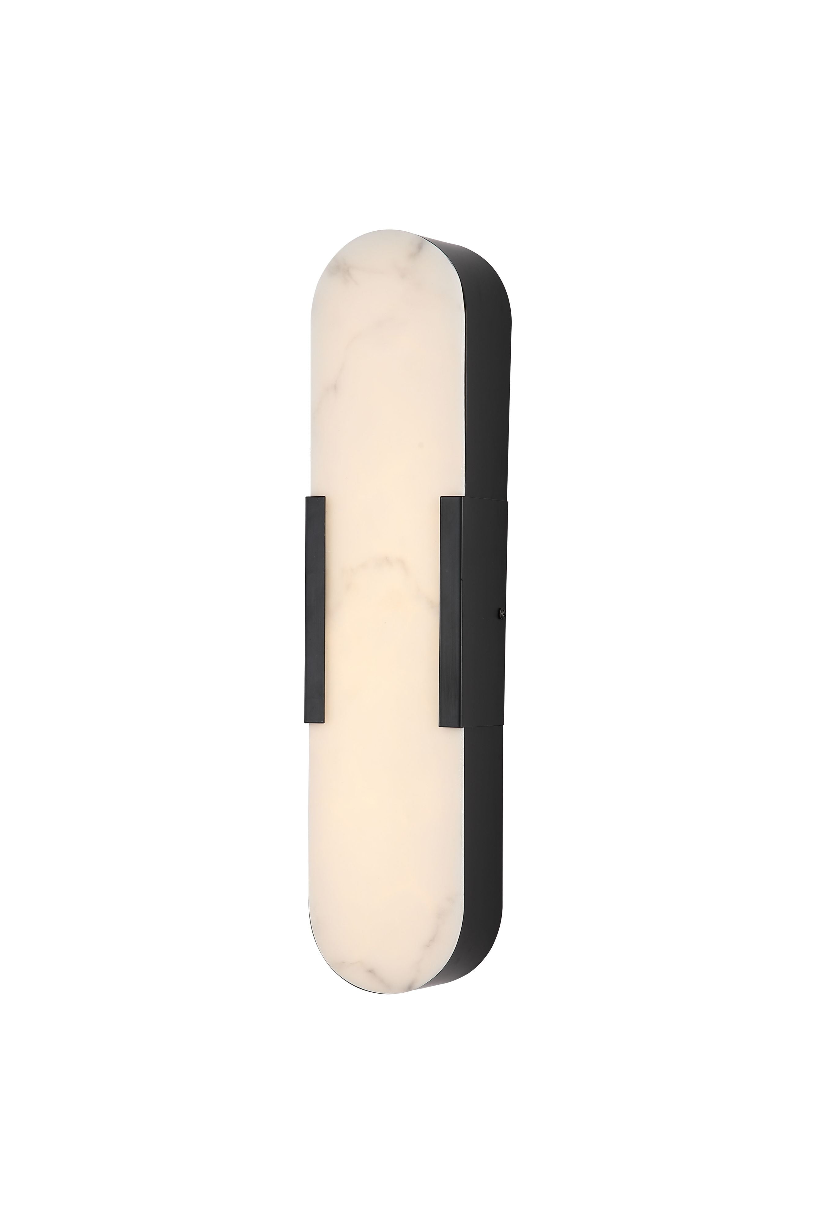 Searchlight Opaline LED wall light in matt black with marble effect resin shade, angled studio shot showing the illuminated oval panel and black steel frame