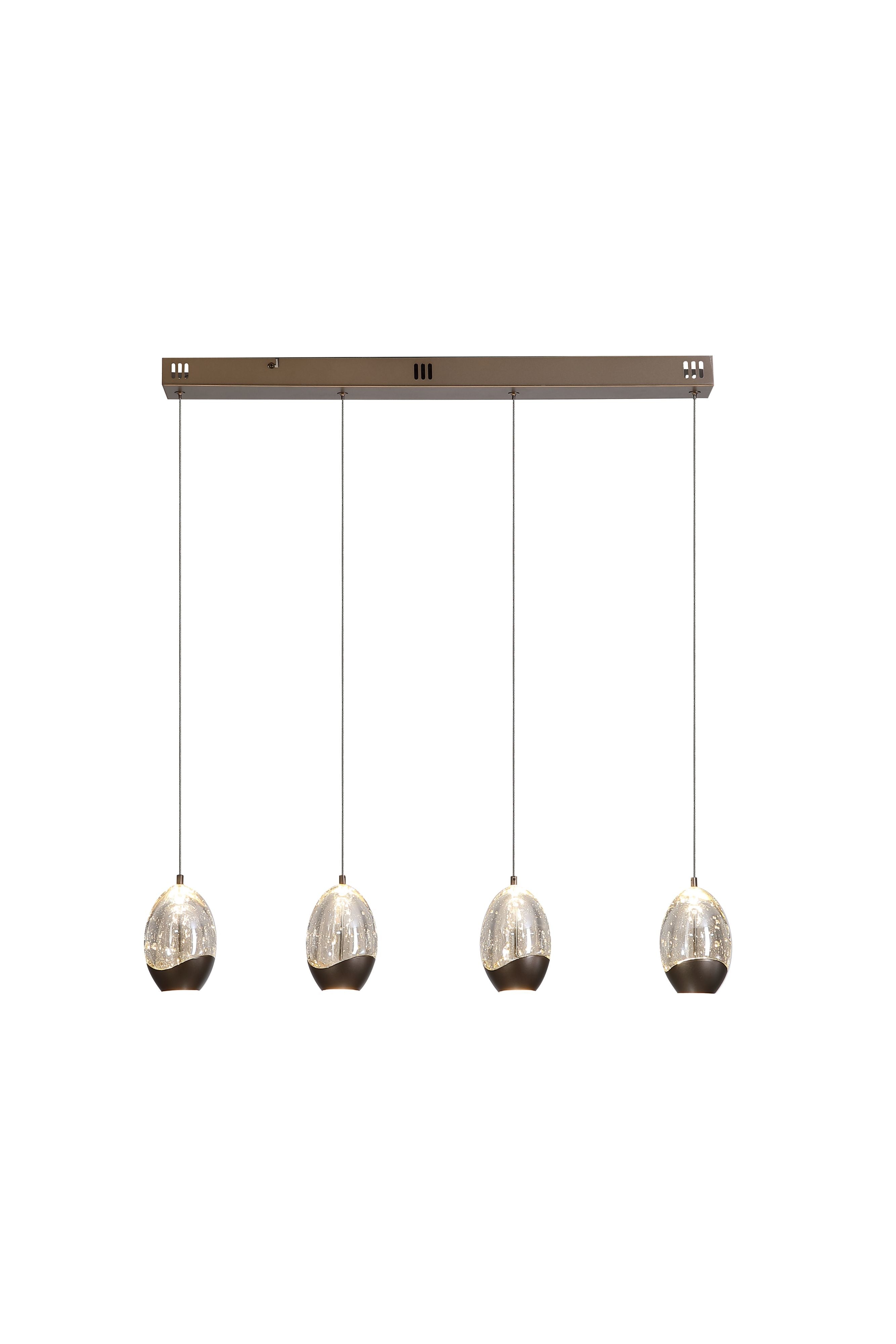 Searchlight Seeds 4 Light Bar Pendant with bronze capped, bubble glass teardrop shades hanging from a linear bronze ceiling bar, lit against a white background