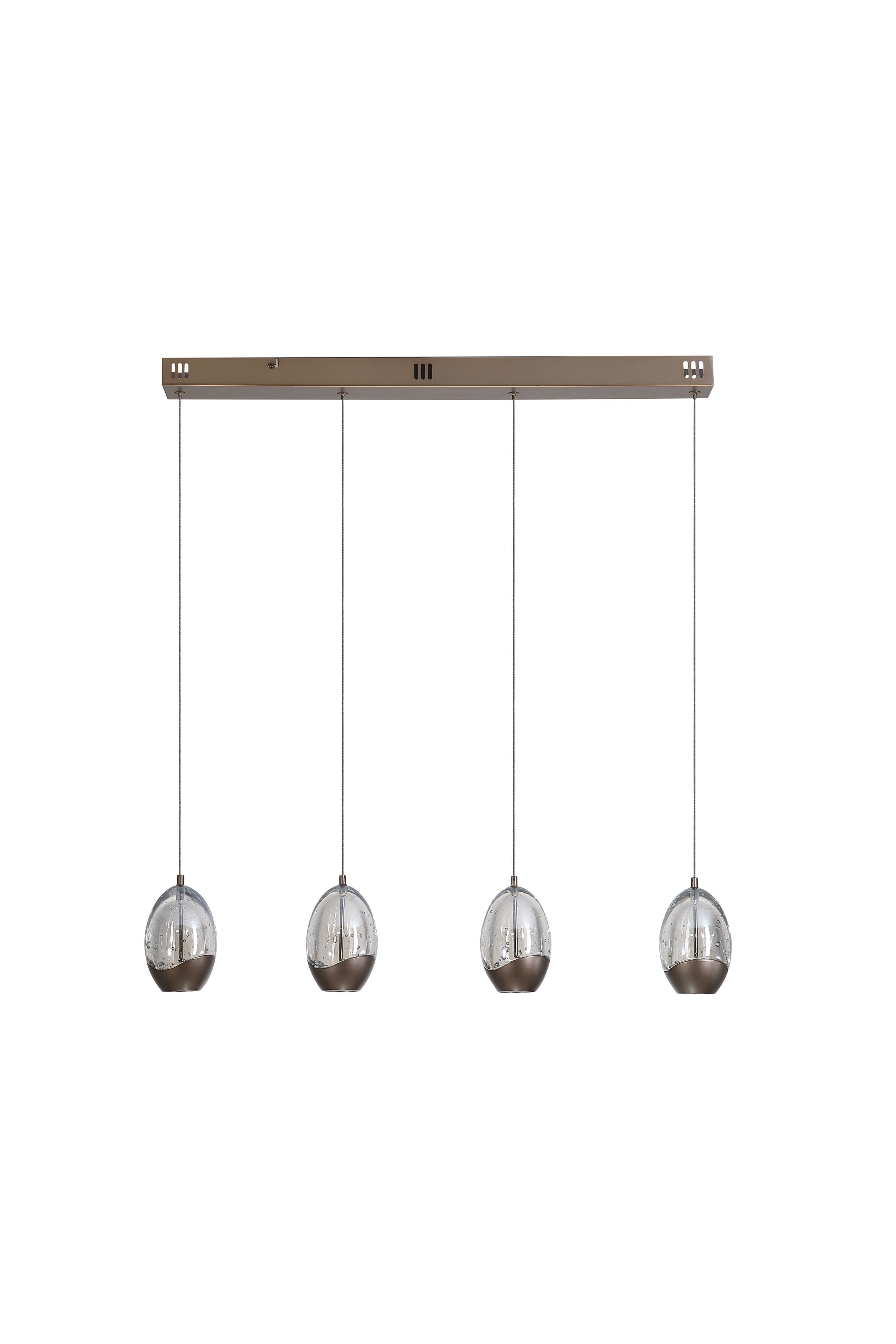 Searchlight Seeds 4 Light Bar Pendant, alternate view of the four bubble glass teardrop shades suspended at even height from the linear bar