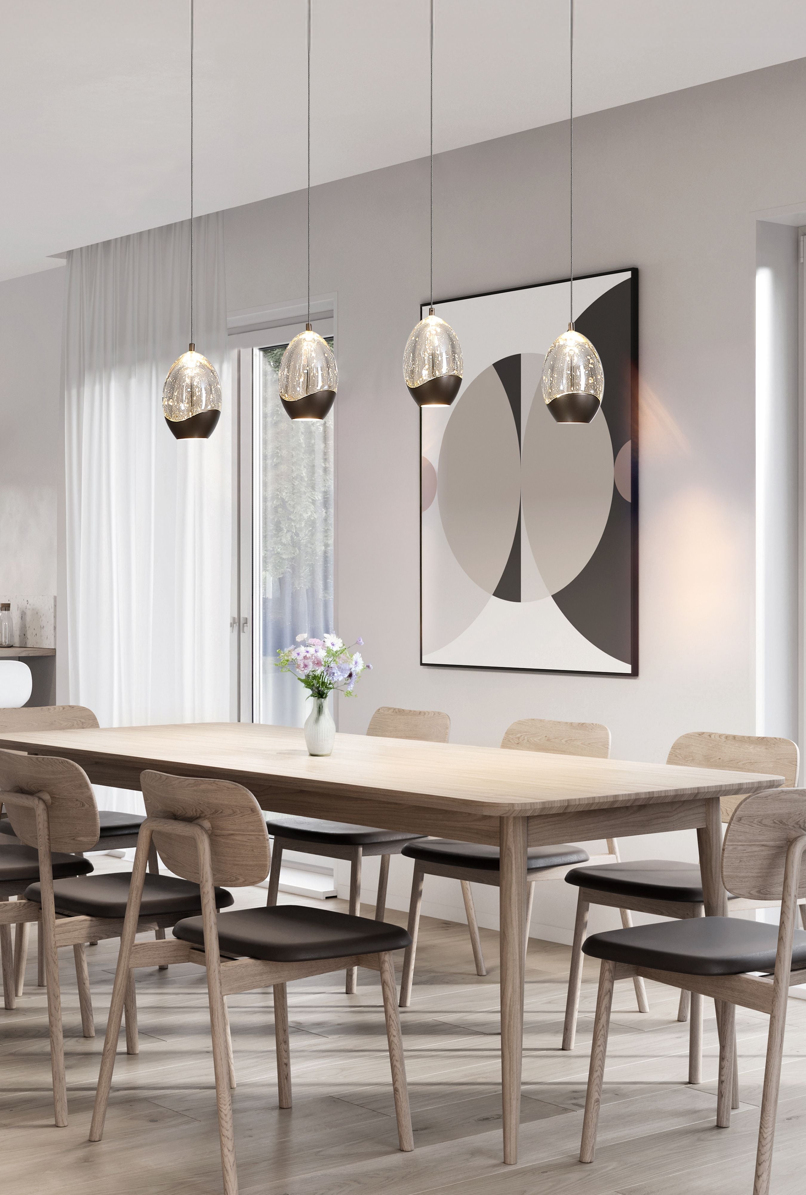 Searchlight Seeds 4 Light Bar Pendant styled over a wooden dining table, lit warm white against a light grey wall with a framed print
