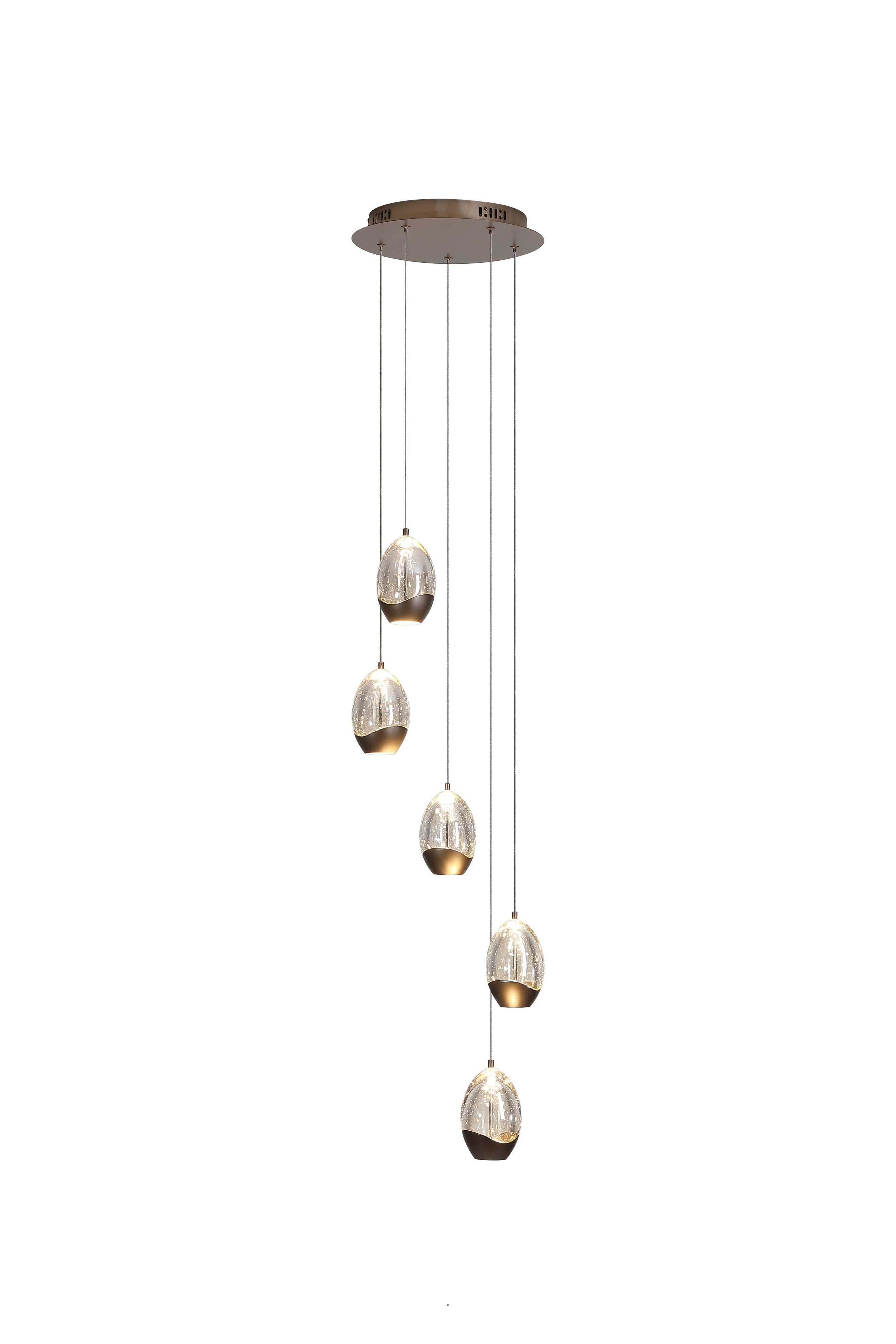 Searchlight Seeds 5 Light Multi Drop Pendant with bronze capped, bubble glass teardrop shades clustered at staggered heights, lit against a white background