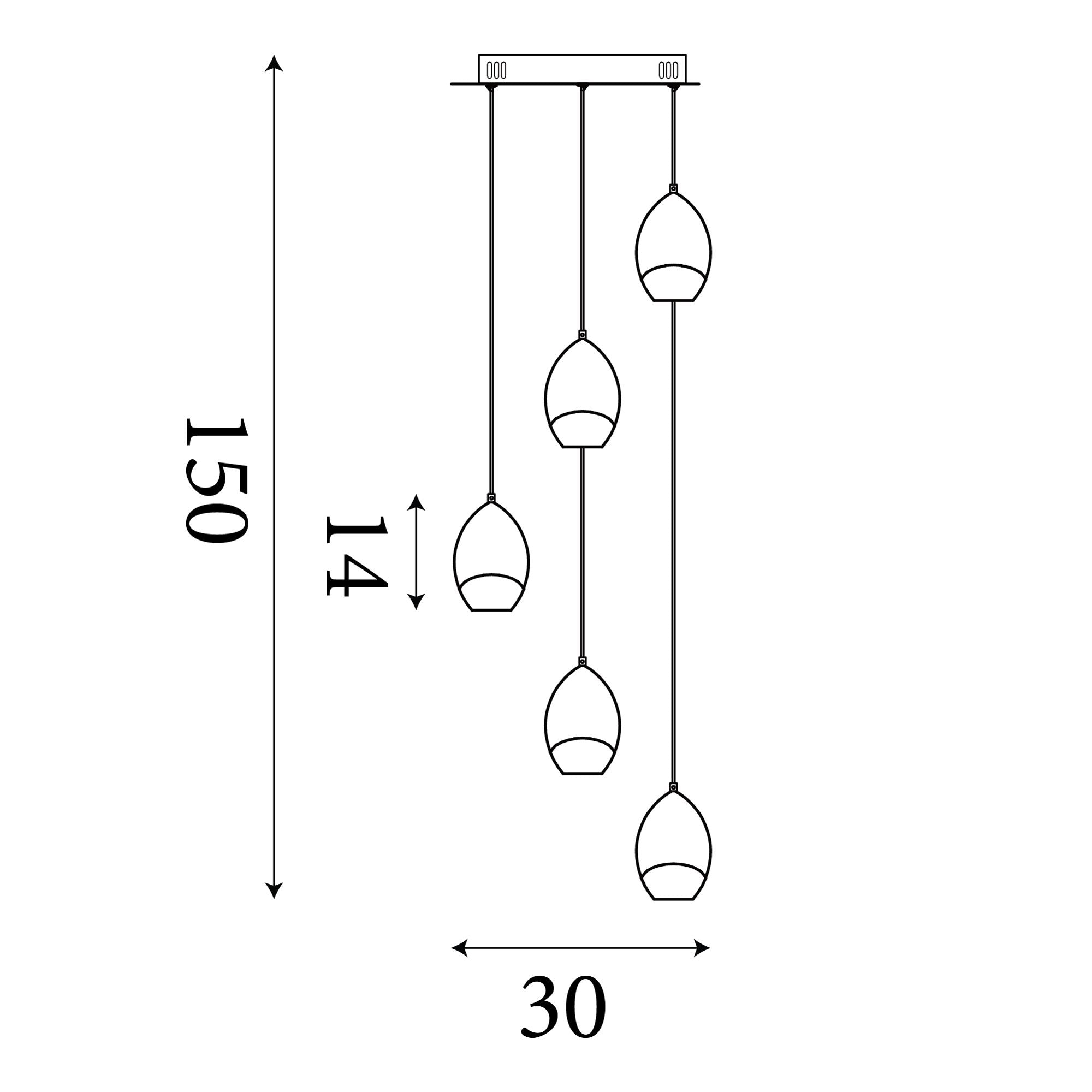 Technical line drawing of the Seeds 5 Light Multi Drop Pendant showing a 150cm maximum drop, 14cm shade height and 30cm ceiling plate diameter