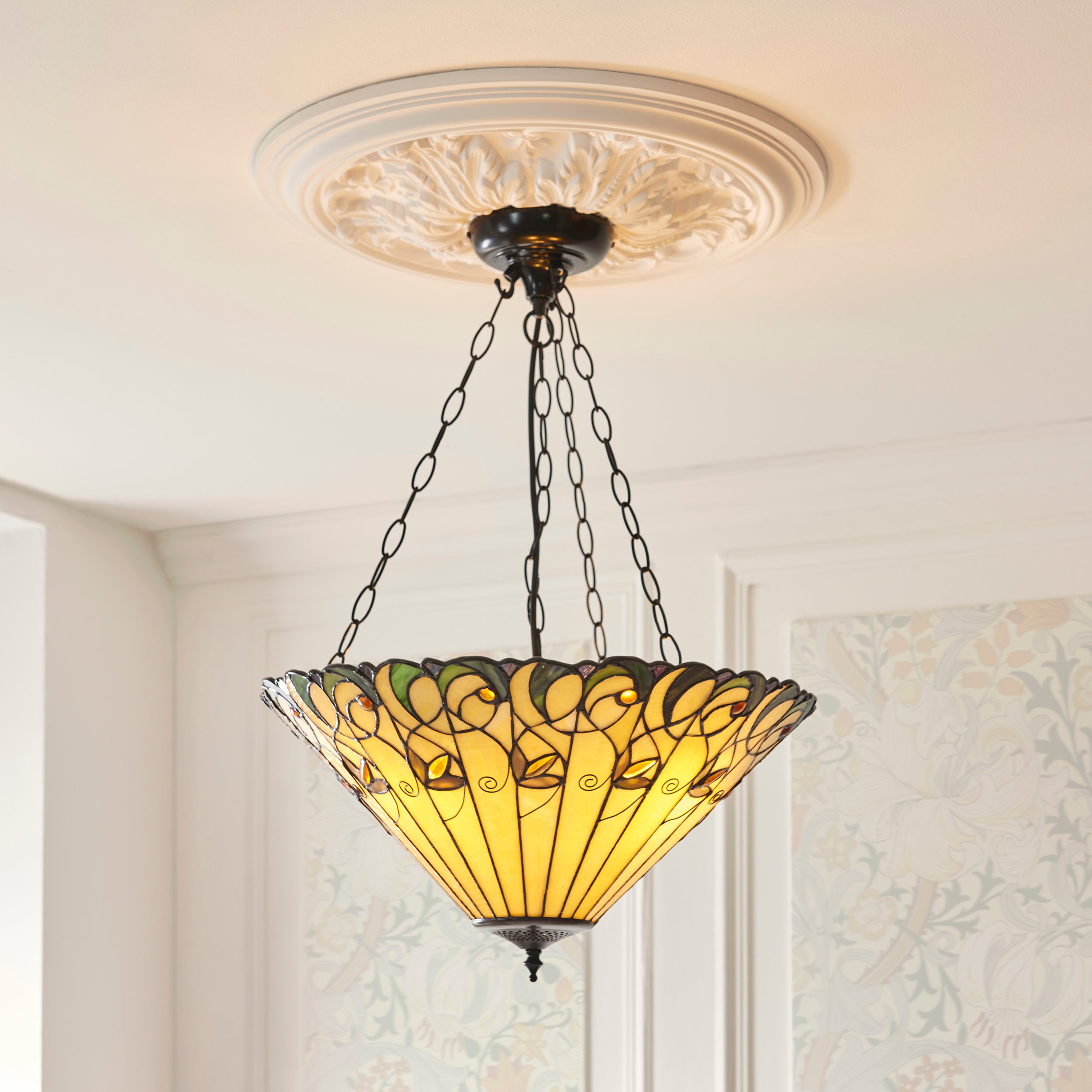Interiors 1900 Jamelia 3 Light Inverted Pendant - Handcrafted Tiffany Style Glass