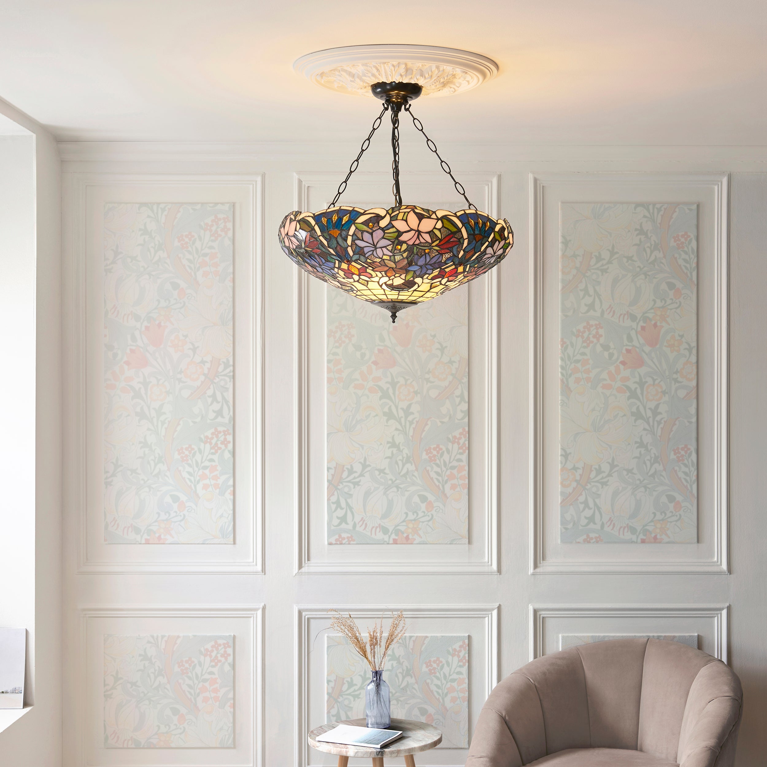 Interiors 1900 Sullivan 3 Light Inverted Pendant - Handcrafted Tiffany Style Glass