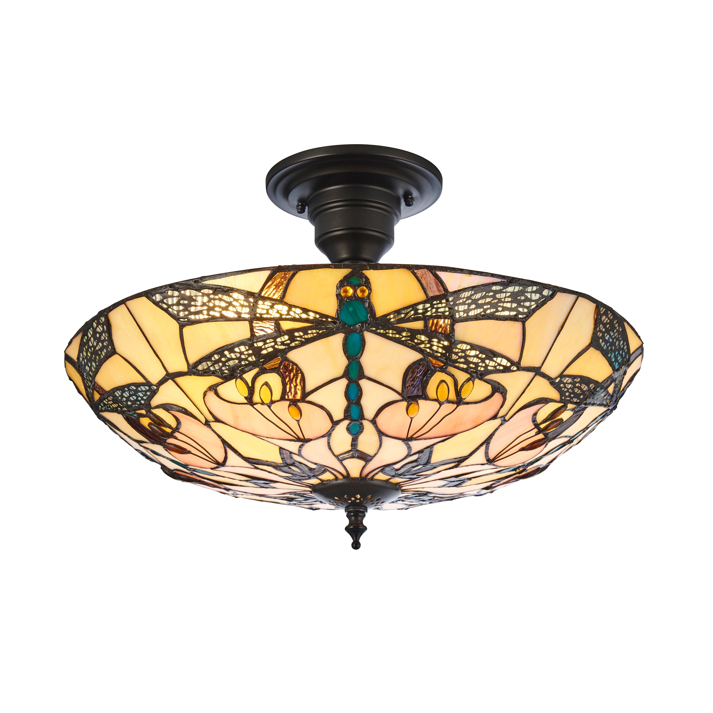 Interiors 1900 Ashton 3 Light Semi Flush Pendant - Handcrafted Tiffany Style Glass