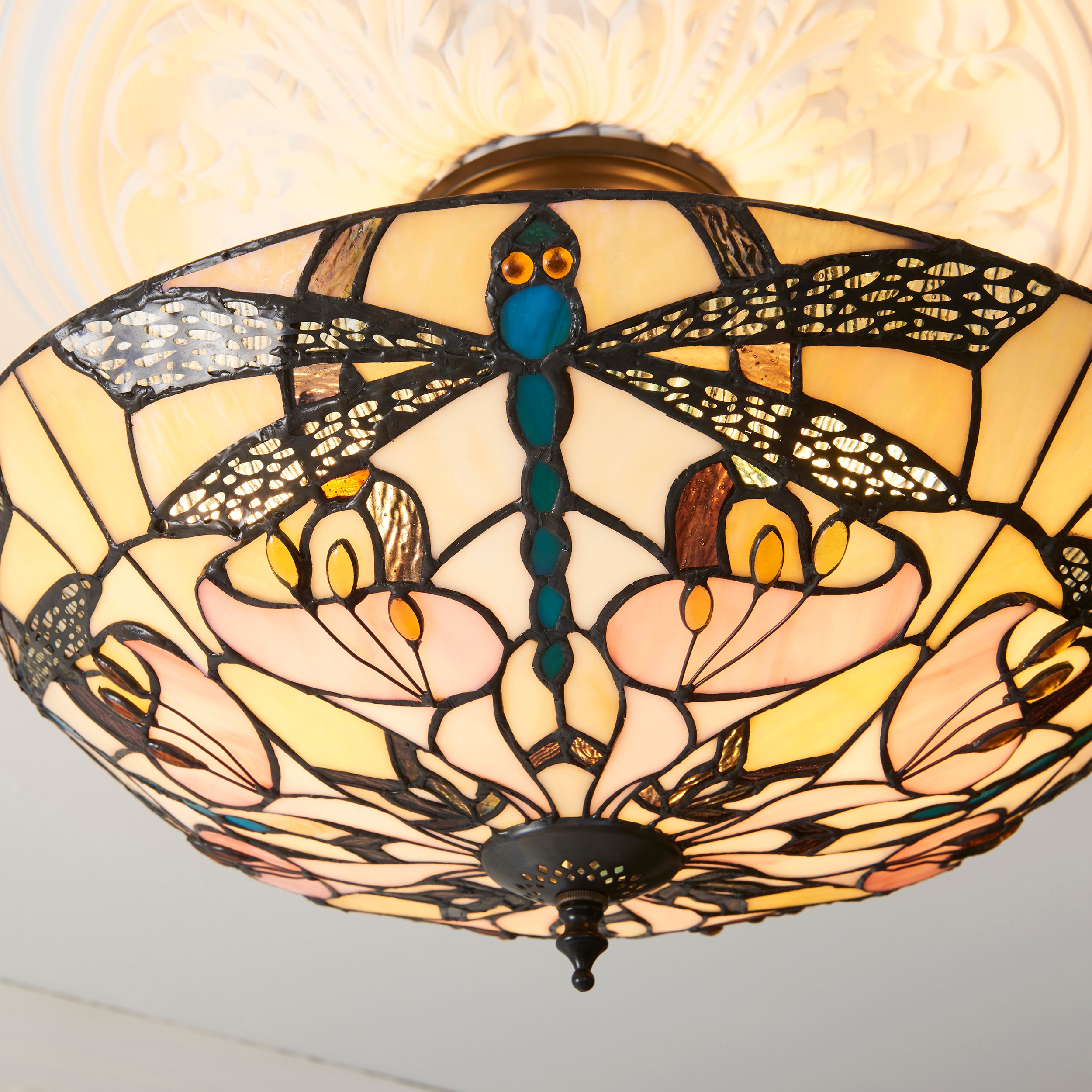 Interiors 1900 Ashton 3 Light Semi Flush Pendant - Handcrafted Tiffany Style Glass