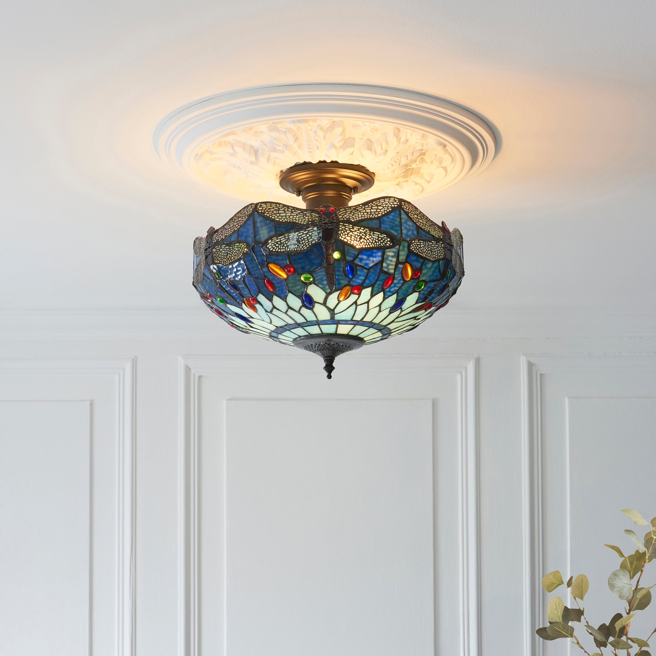 Interiors 1900 Dragonfly Blue 3 Light Semi Flush Pendant -Handcrafted Tiffany Style Glass