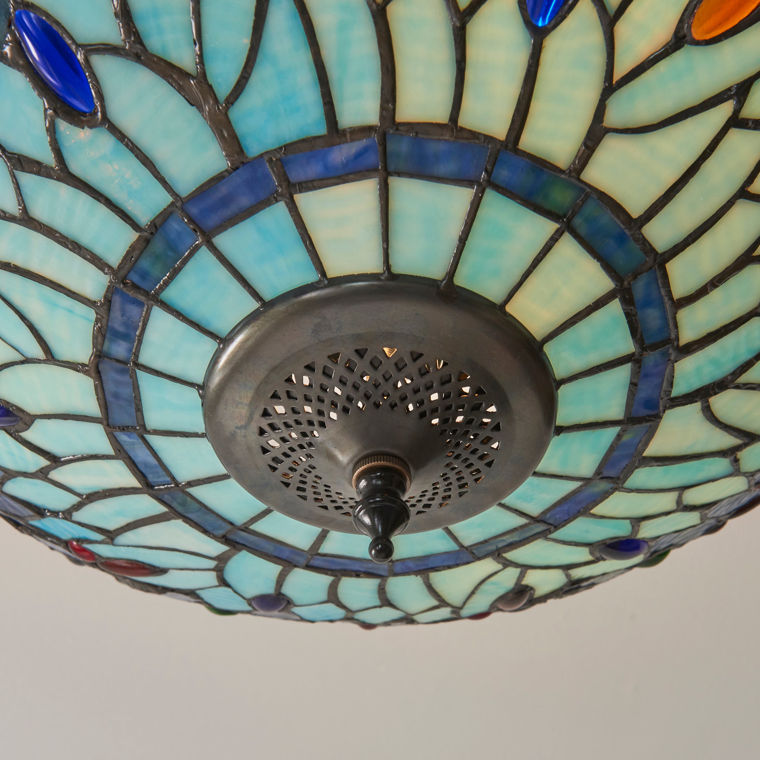 Interiors 1900 Dragonfly Blue 3 Light Semi Flush Pendant -Handcrafted Tiffany Style Glass