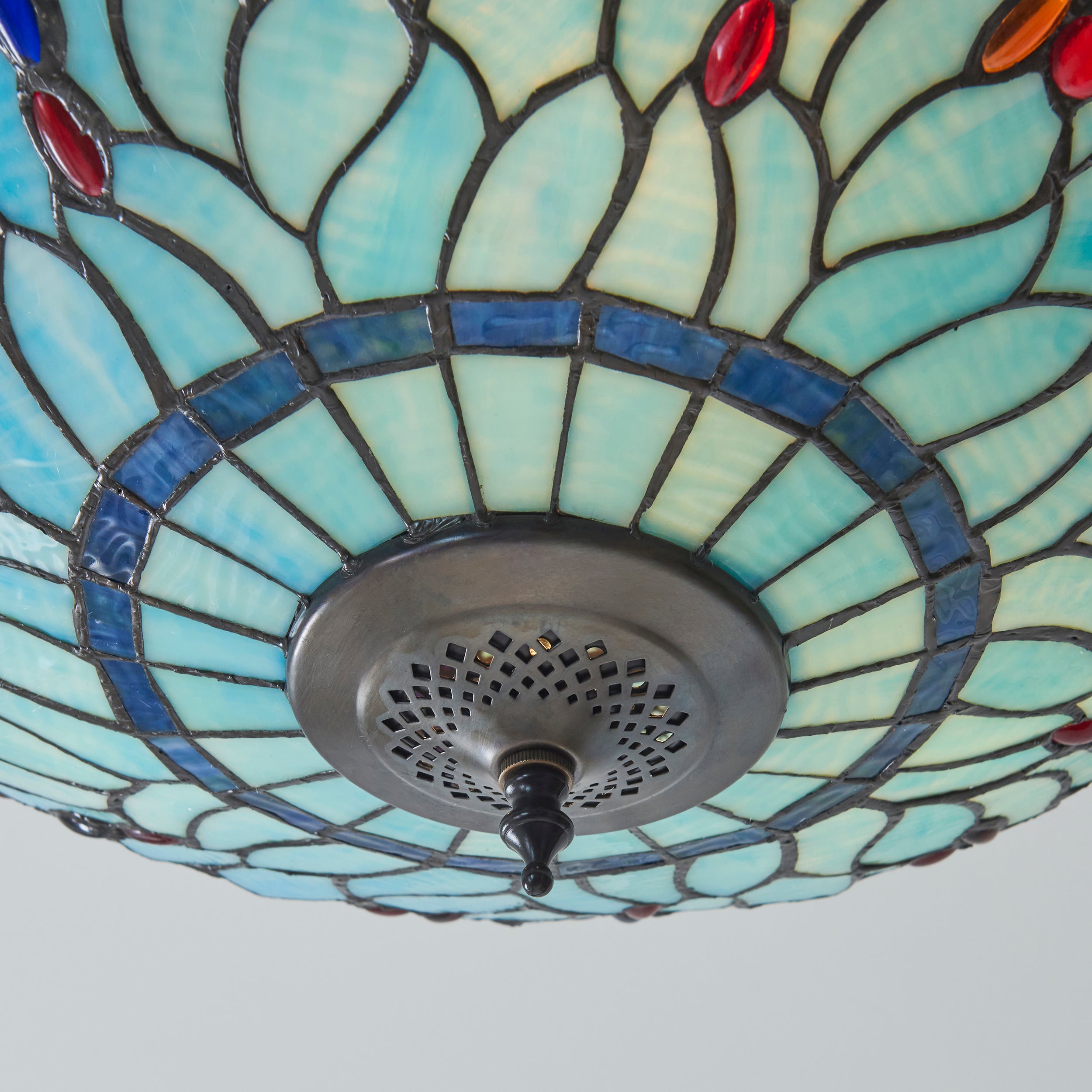 Interiors 1900 Dragonfly Blue Large 3 Light Semi Flush Pendant -Handcrafted Tiffany Style Glass