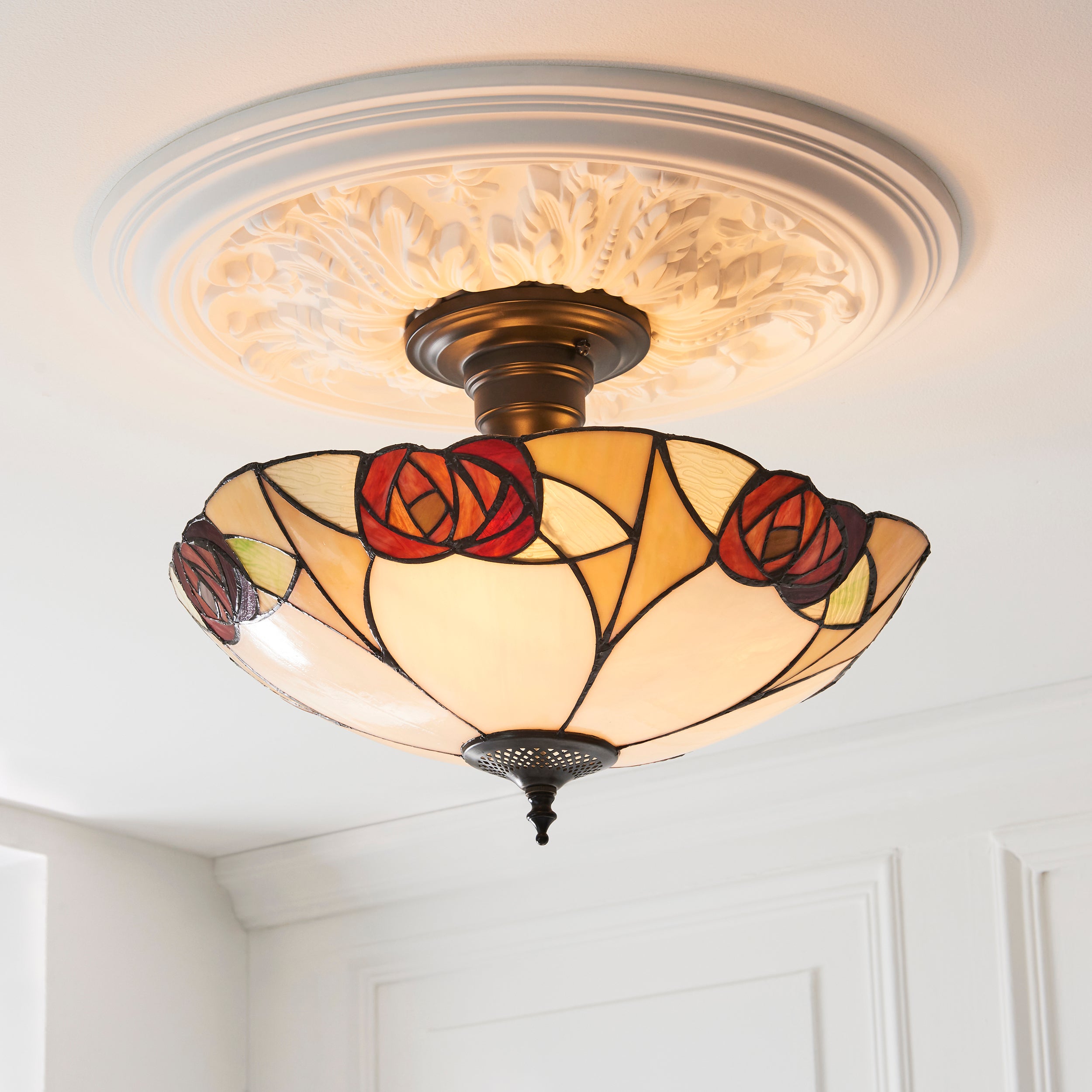 Interiors 1900 Ingram 3 Light Semi Flush Pendant -Handcrafted Tiffany Style Glass