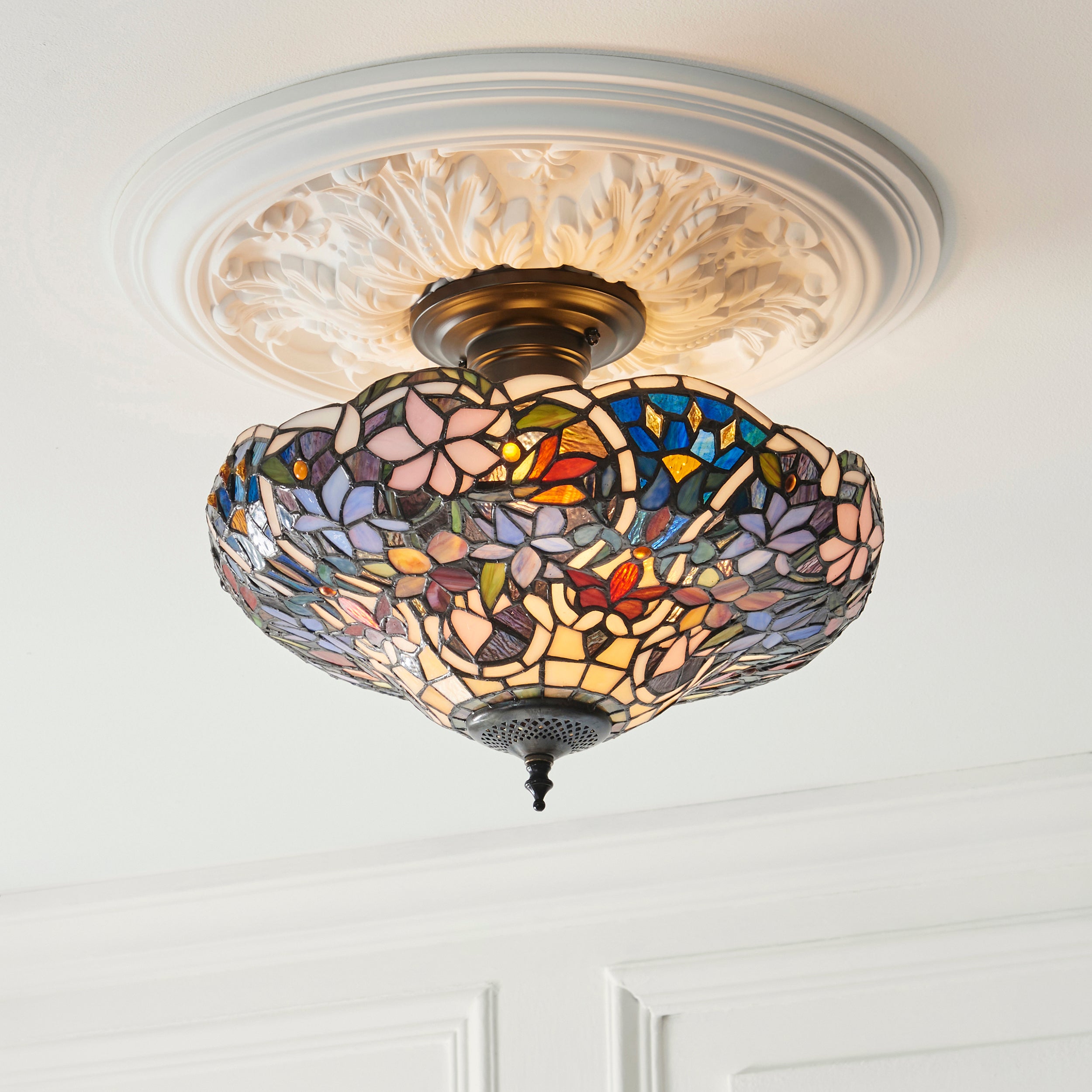 Interiors 1900 Sullivan 3 Light Semi Flush Pendant -Handcrafted Tiffany Style Glass