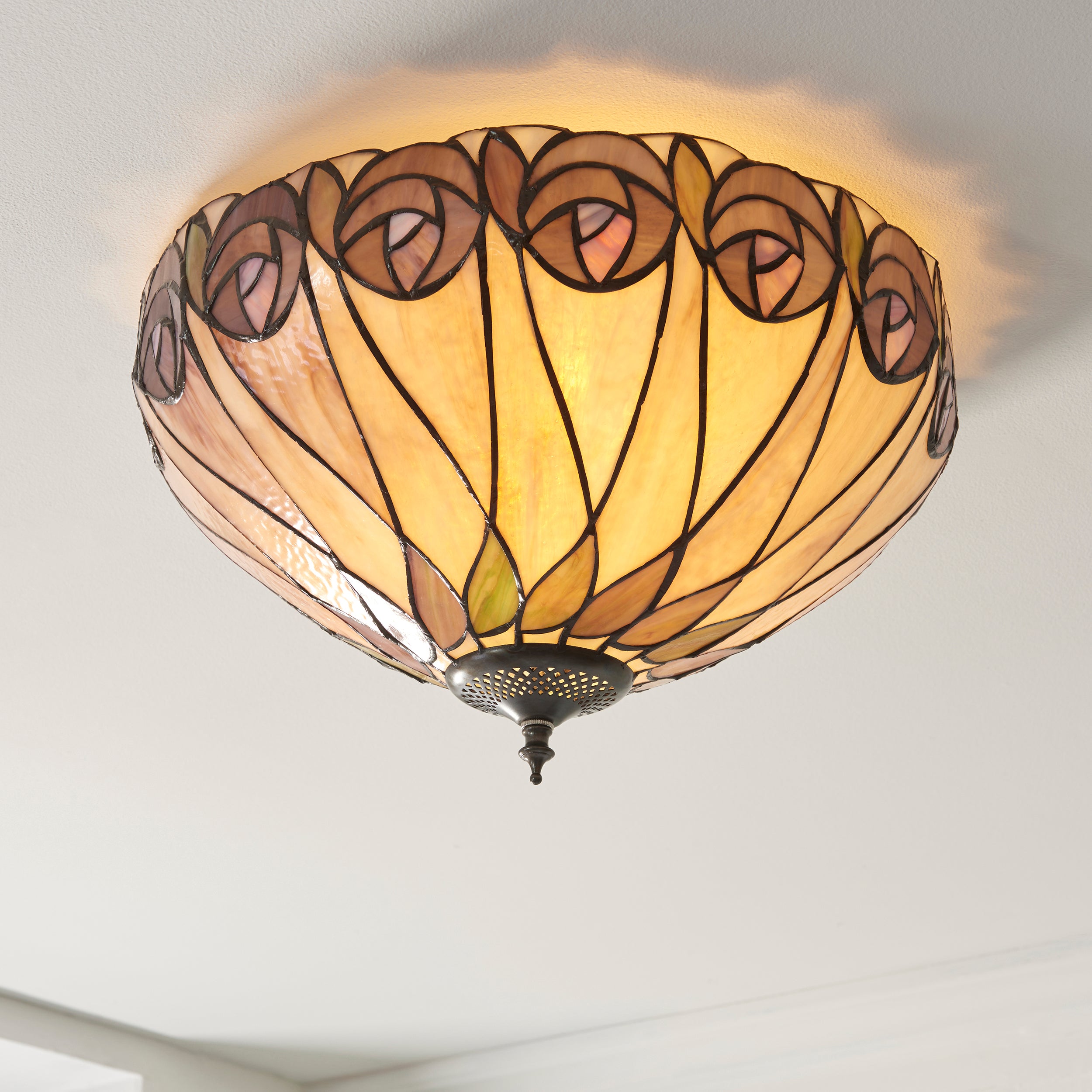 Interiors 1900 Hutchinson Medium 2 Light Flush Fitting Pendant -Handcrafted Tiffany Style Glass
